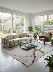 Tapis rectangulaire gris et marron, ambiance zen dans un salon clair, harmonie avec le décor minimaliste