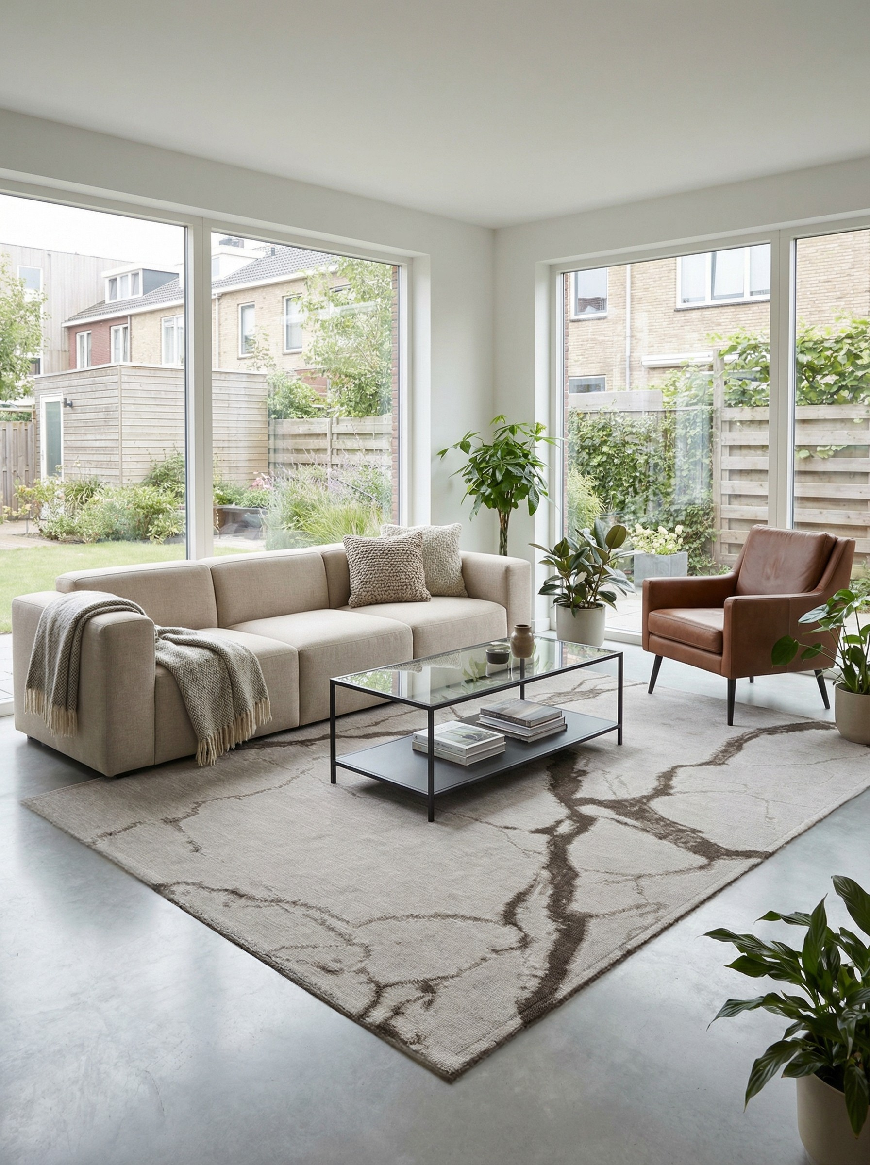 Tapis rectangulaire gris et marron, ambiance zen dans un salon clair, harmonie avec le décor minimaliste