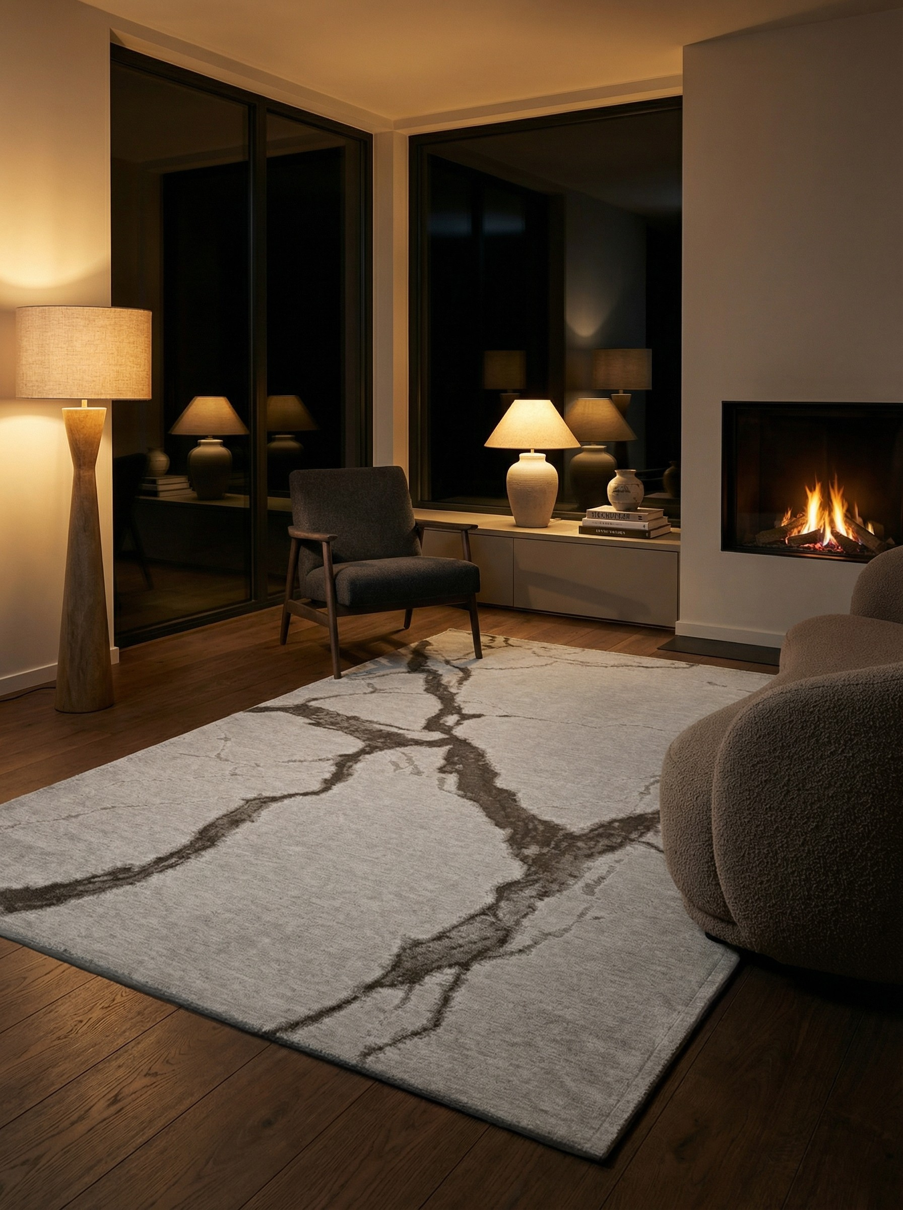 Tapis rectangulaire gris, motifs bruns, éclairage doux, ambiance chaleureuse dans une pièce