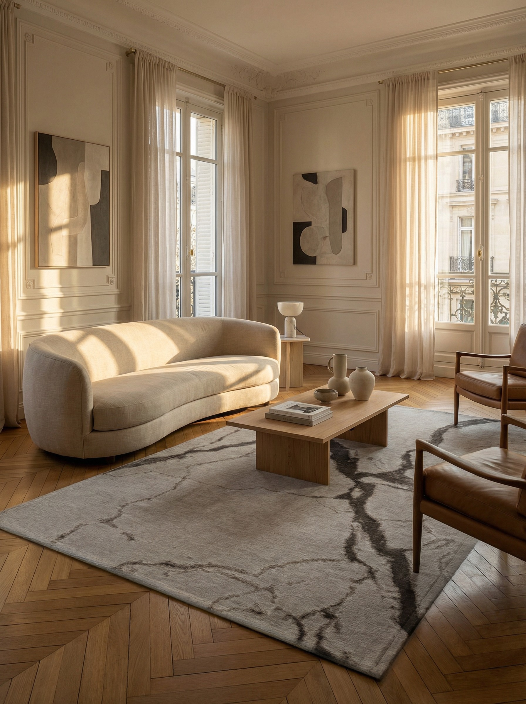 Tapis gris élégant, ambiance soirée. Convivialité assurée dans ce salon. Forme rectangulaire