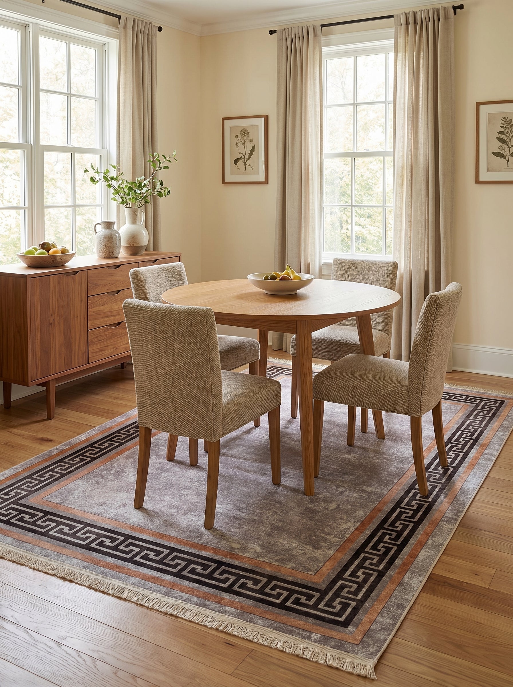 Tapis rectangulaire gris patiné avec une bordure orange rouille et un motif de clé grecque noir et gris clair, sous une table de salle à manger lumineuse