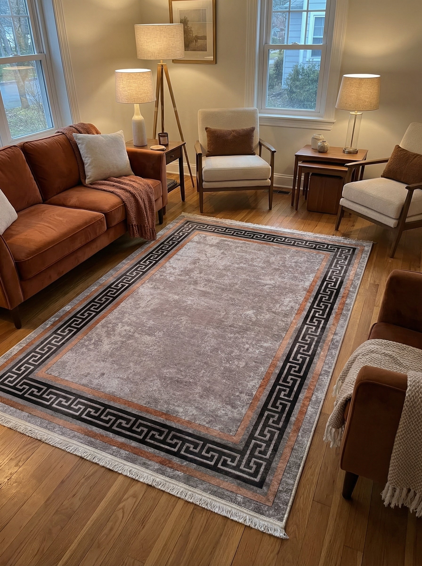 Tapis rectangulaire gris clair vieilli avec une bordure noire à motif méandre grec gris argenté et une bande terre cuite, dans un salon