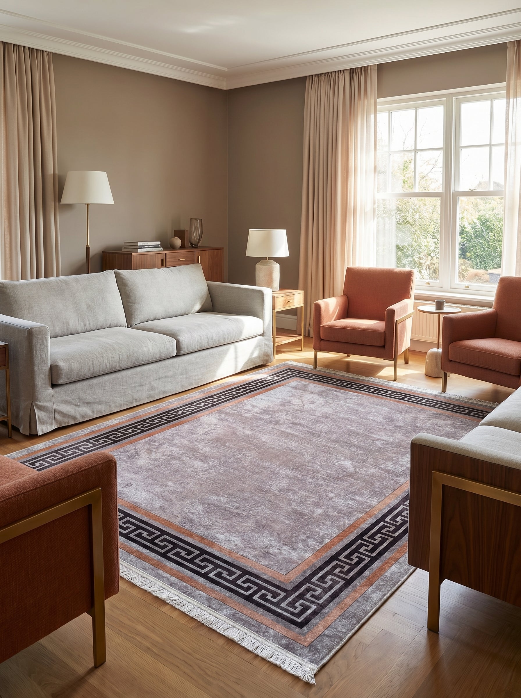 Tapis rectangulaire gris délavé orné d'une bordure à motif de clé grecque foncée et d'une bande terracota dans un salon moderne