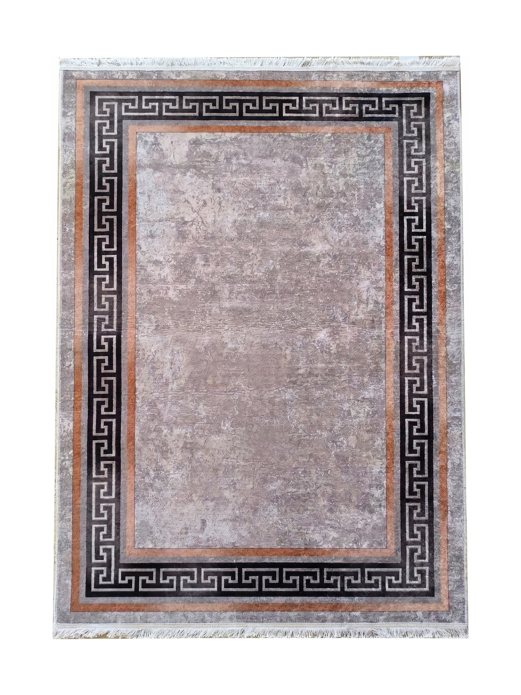 Tapis rectangulaire gris-brun avec une bordure à motif méandre noir et gris, une bande cuivre et des franges