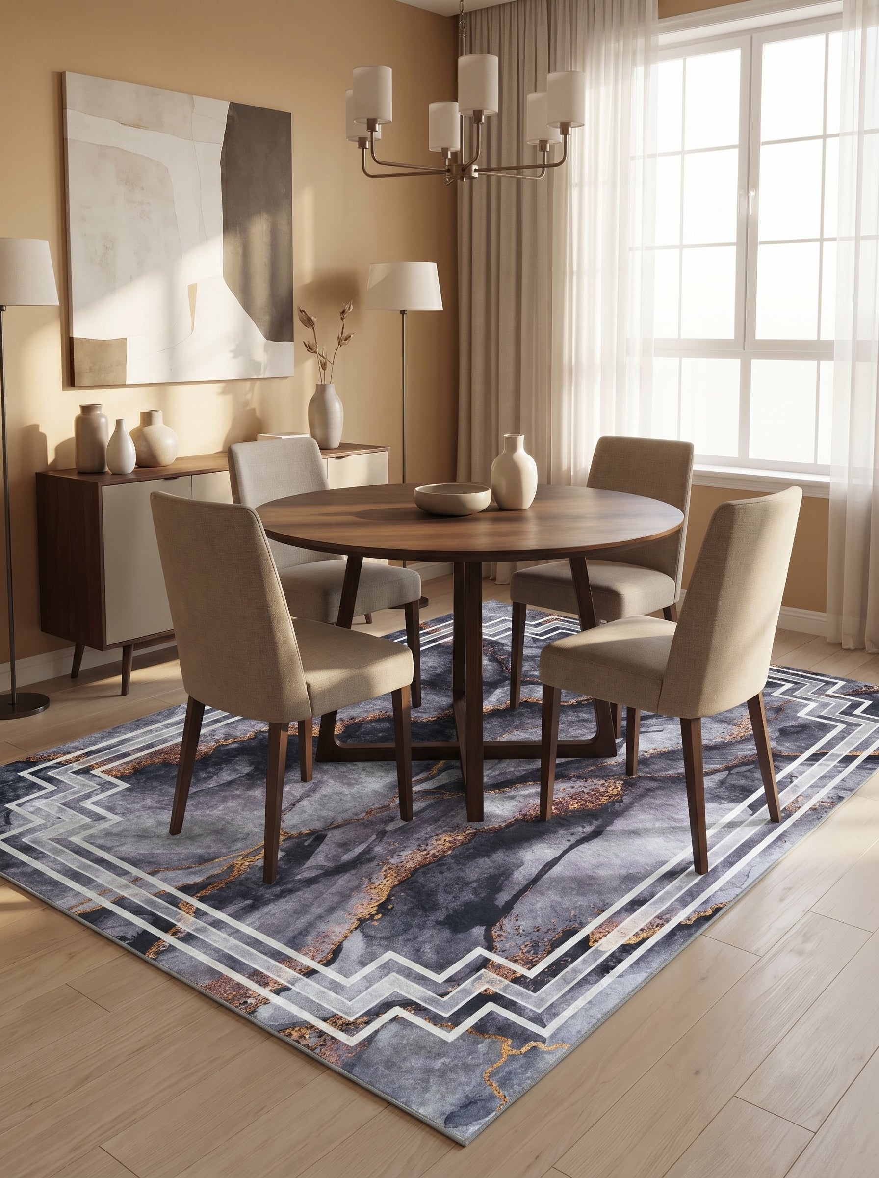 Tapis rectangulaire aux motifs marbrés bleu-gris et doré, bordé d'un triple zigzag blanc et gris, situé dans une salle à manger