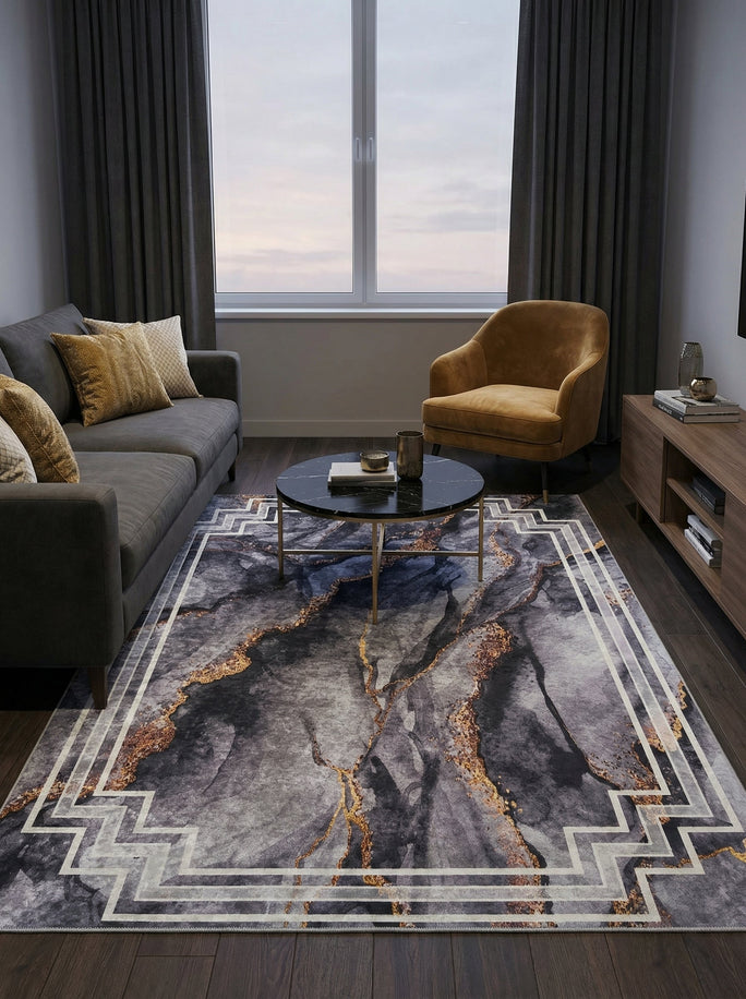 Dark Grey and Gold Modern Washable Rug - Terrazzo