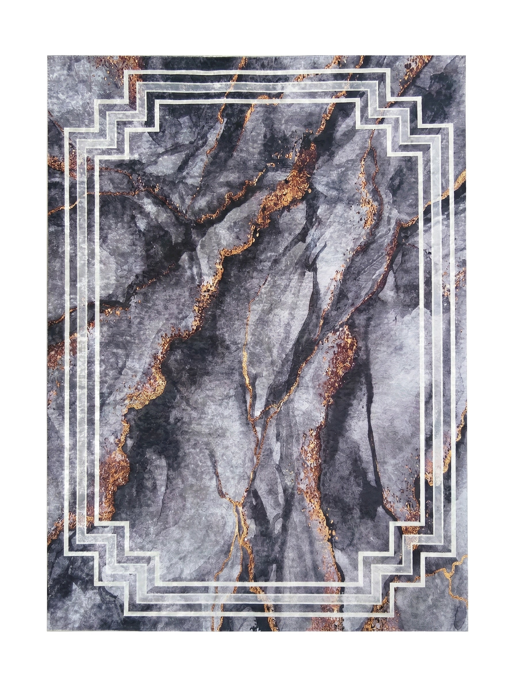 Tapis à motif abstrait gris et noir imitant le marbre, avec des veines dorées scintillantes et une bordure géométrique blanche
