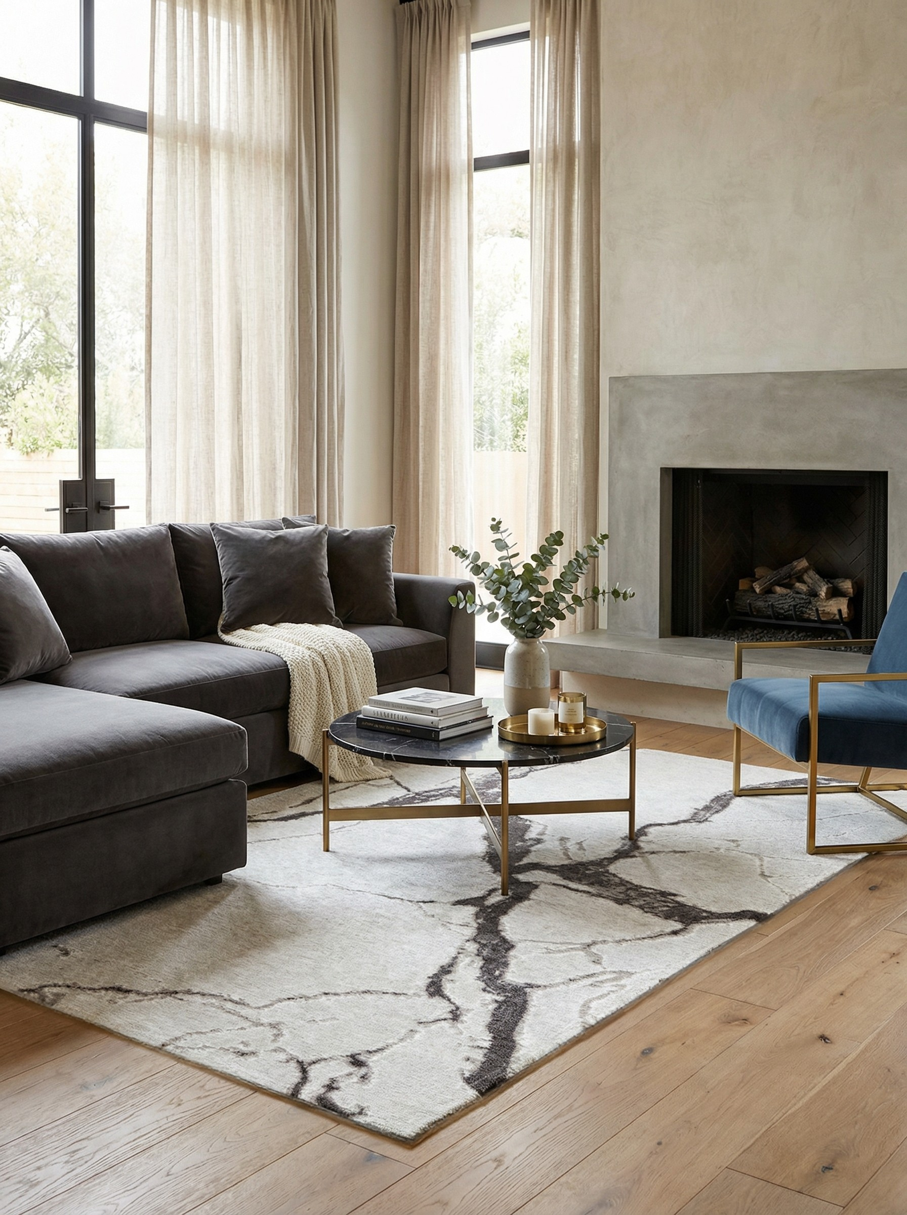 Tapis rectangulaire ivoire et gris dans un salon, créant une ambiance chaleureuse, harmonie avec le décor