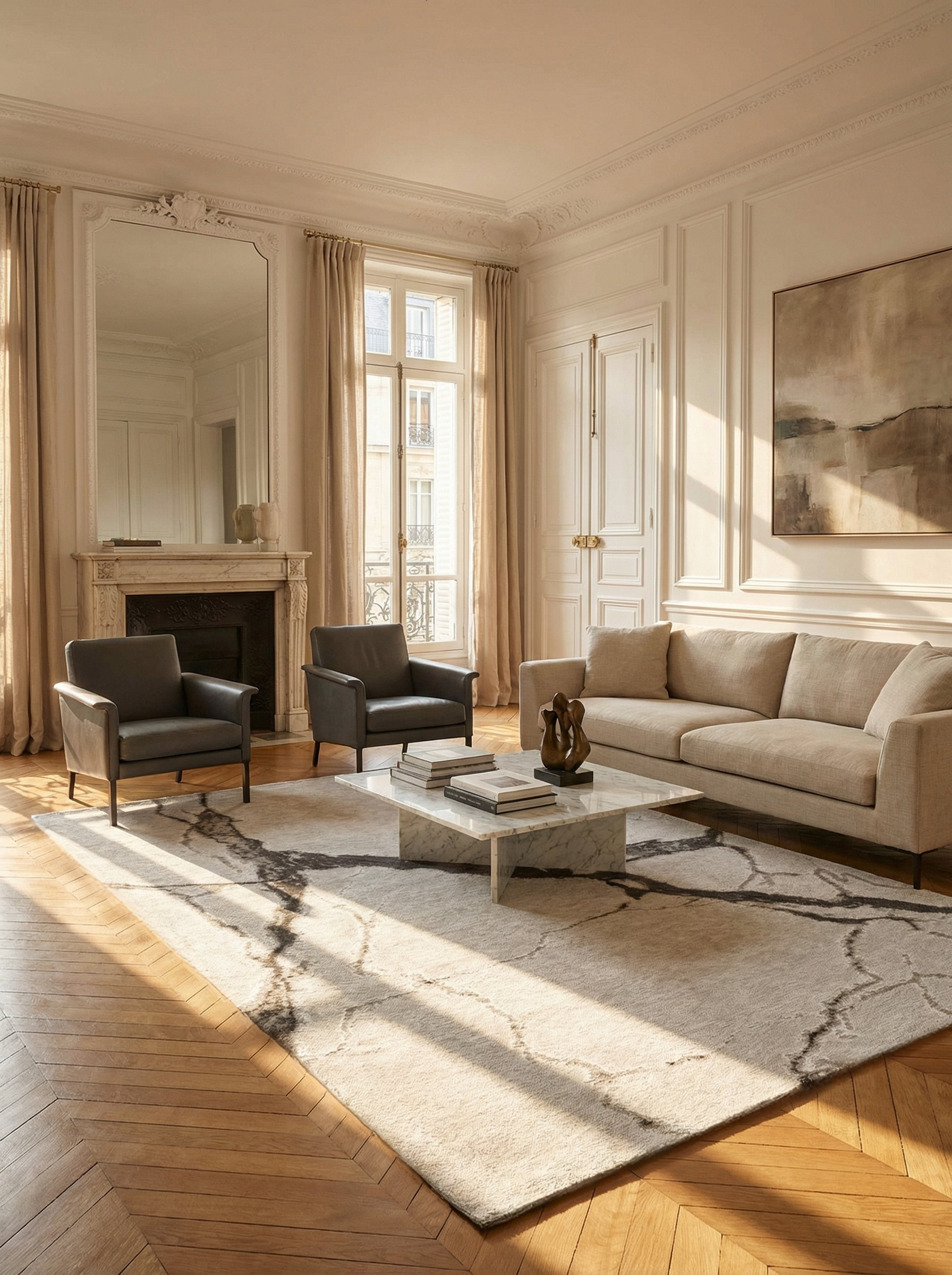 Tapis rectangulaire ivoire et noir, ambiance soirée élégante, convivialité assurée dans cette pièce