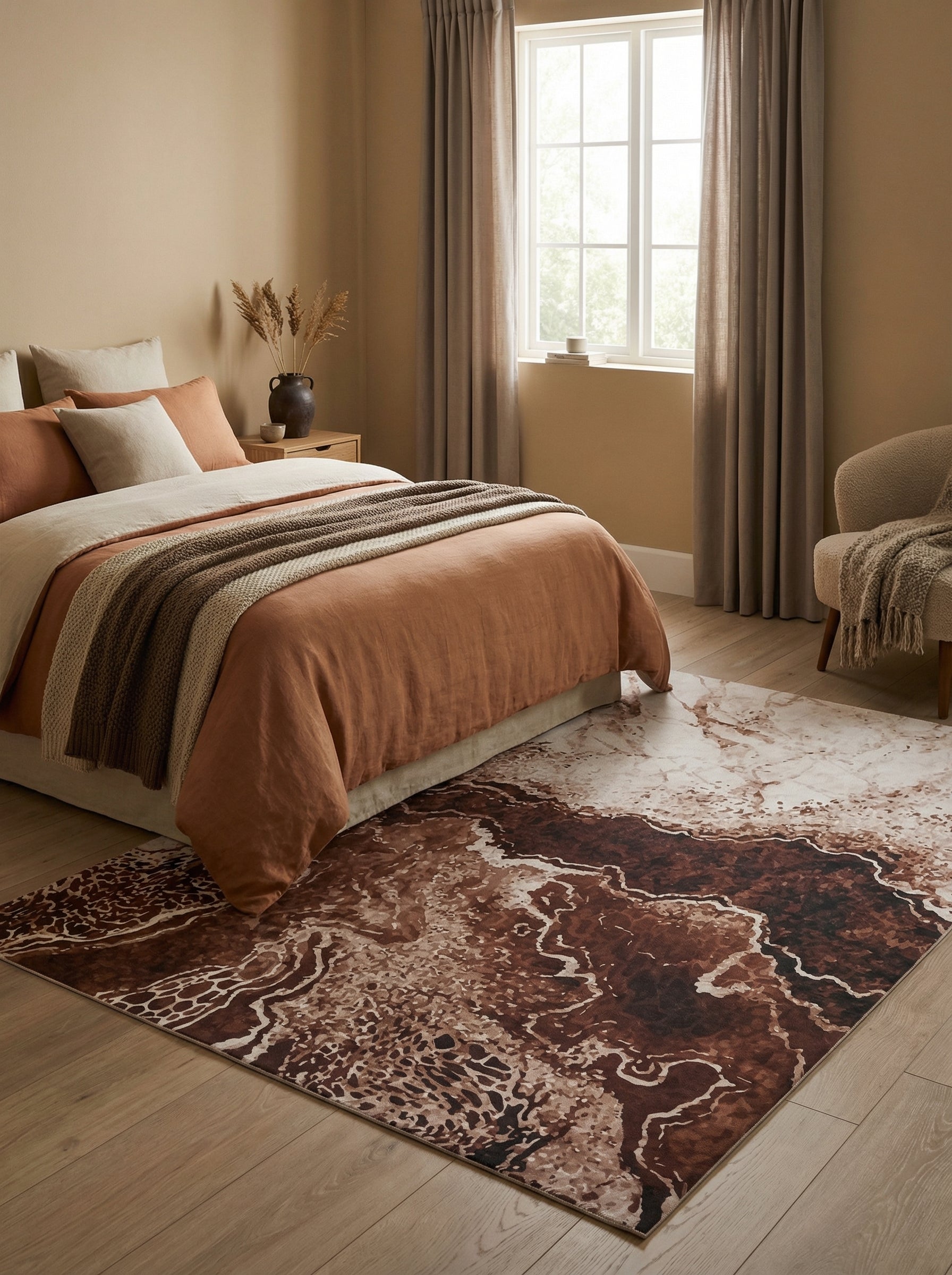 Tapis rectangulaire aux motifs abstraits rappelant le marbre, avec des teintes de brun, de crème et de blanc, posé dans une chambre