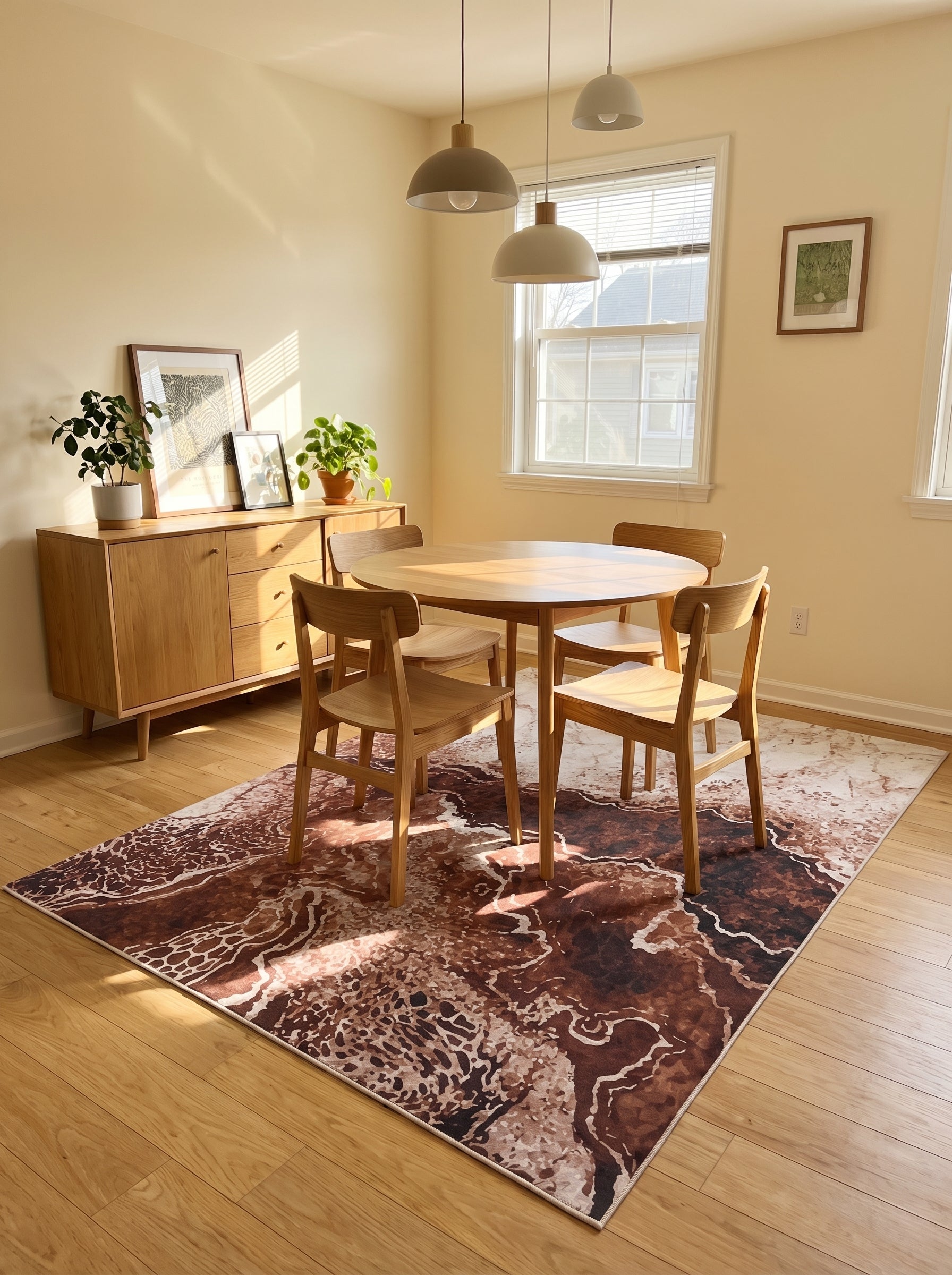 Tapis rectangulaire aux motifs abstraits marron et beige, ressemblant à des marbrures, sous une table en bois dans une salle à manger éclairée