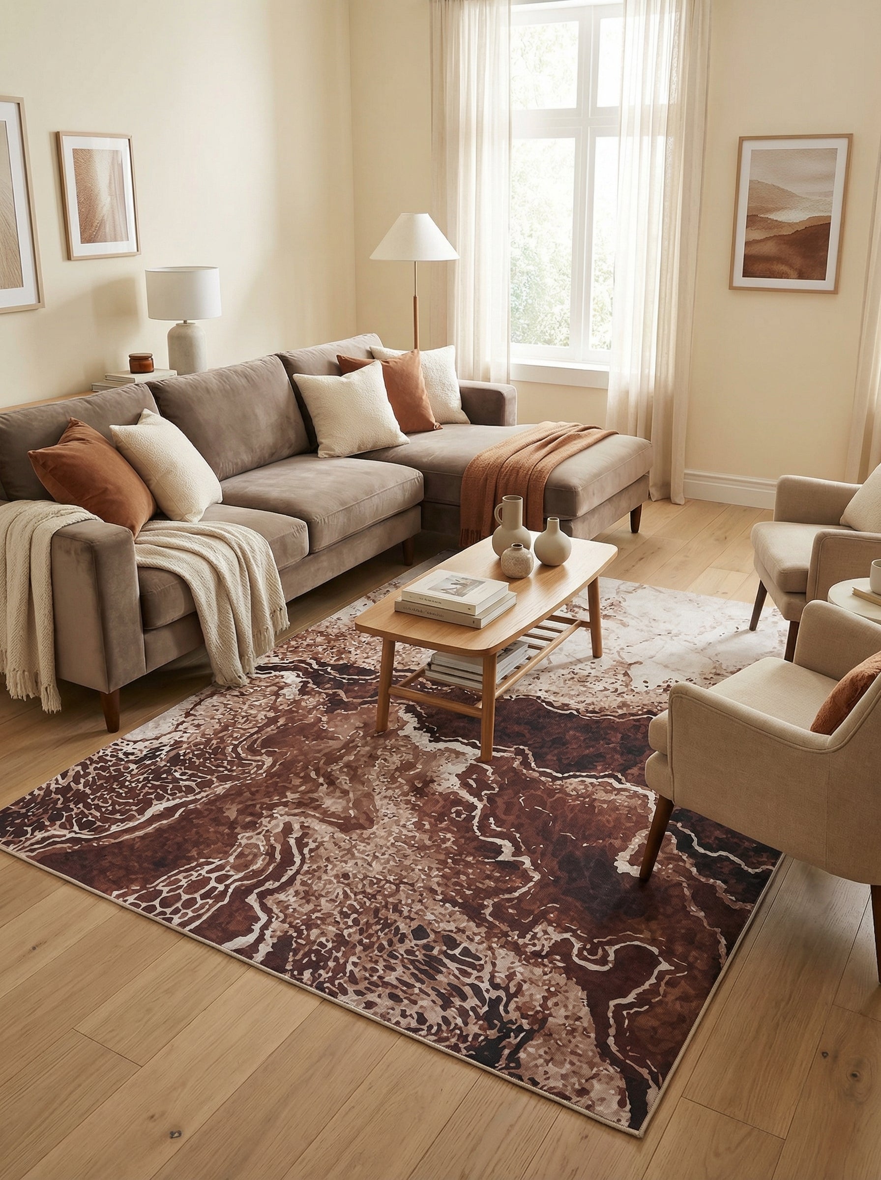 Tapis rectangulaire aux motifs abstraits marron foncé, beige et blanc cassé sur un parquet clair, dans un salon moderne