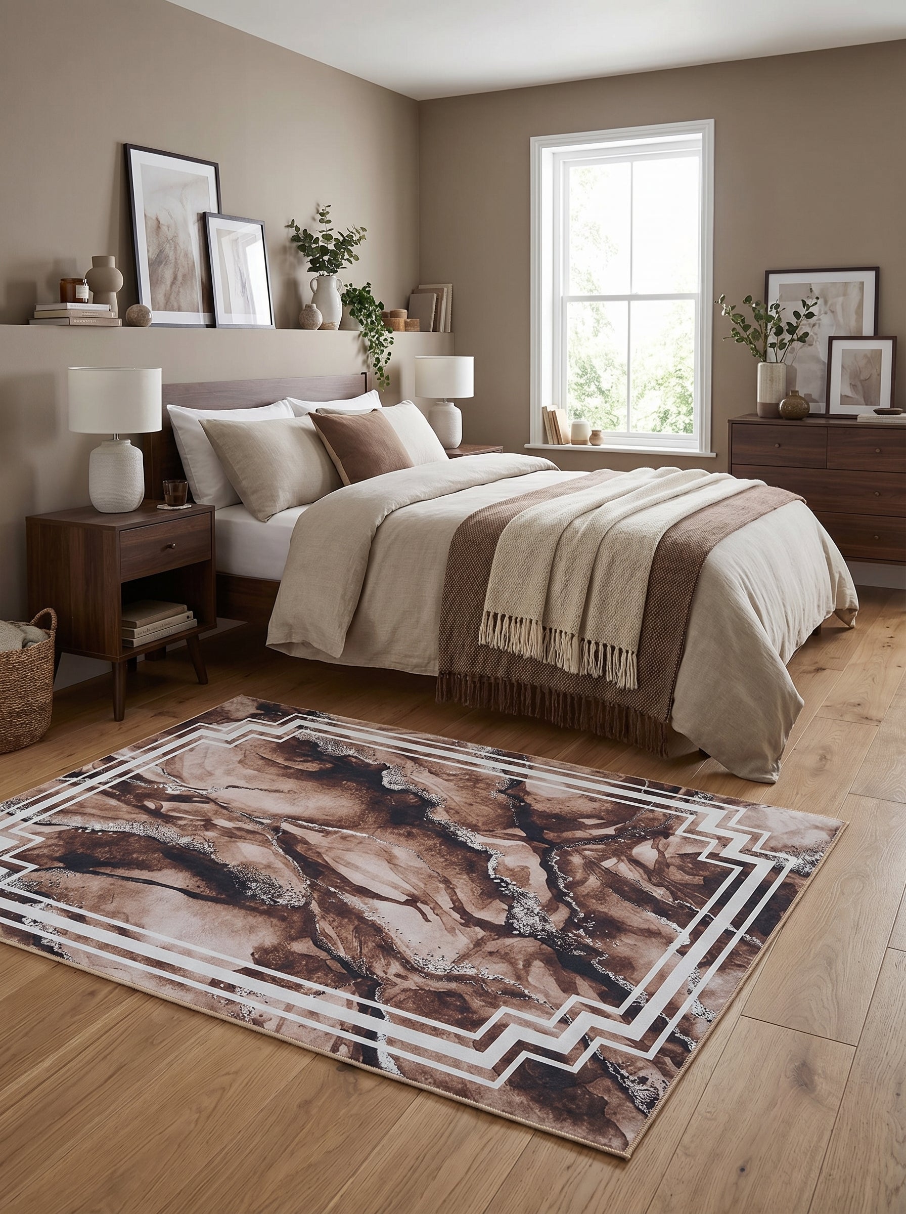 Tapis rectangulaire aux motifs marbrés abstraits marron, beige et gris clair, encadré d'un bord géométrique blanc, dans une chambre élégante
