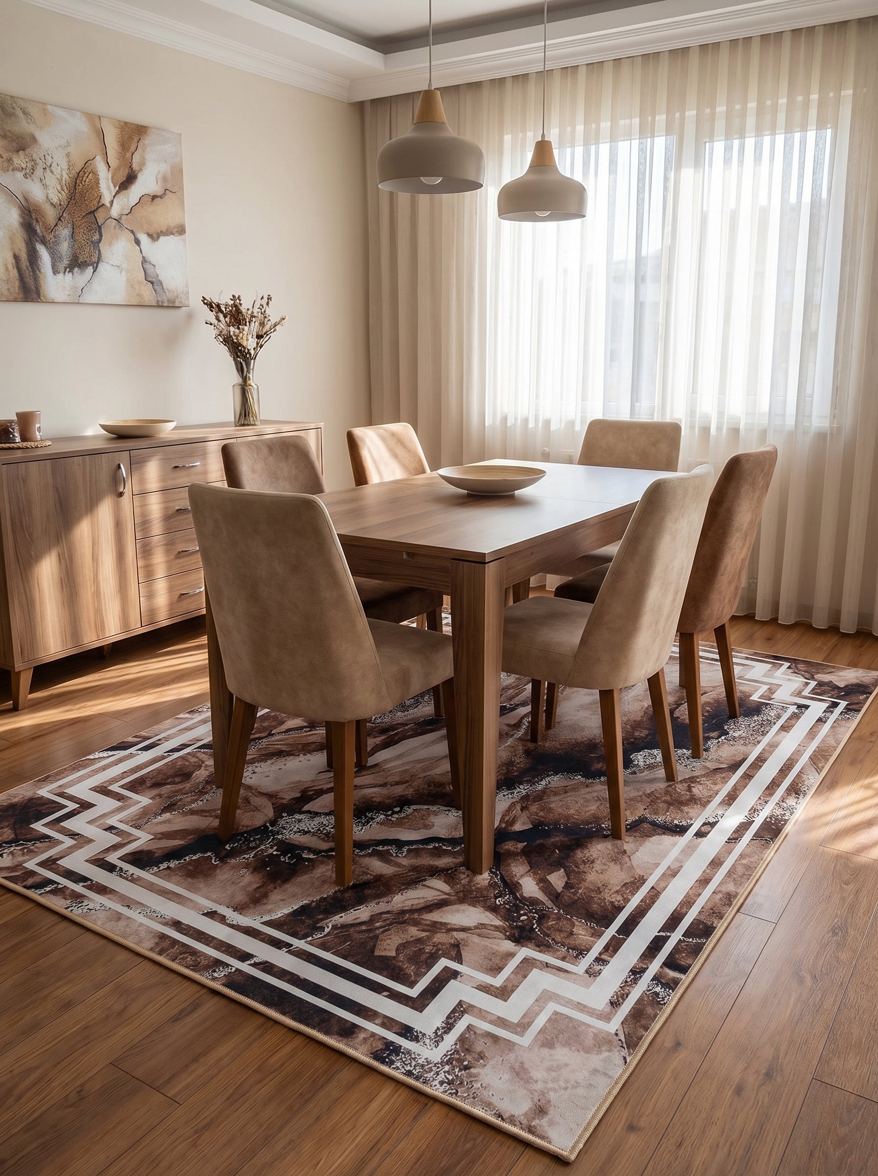 Tapis rectangulaire aux motifs abstraits marbrés bruns et beiges, encadré d'une bordure géométrique blanche en zigzag, posé dans un coin repas lumineux