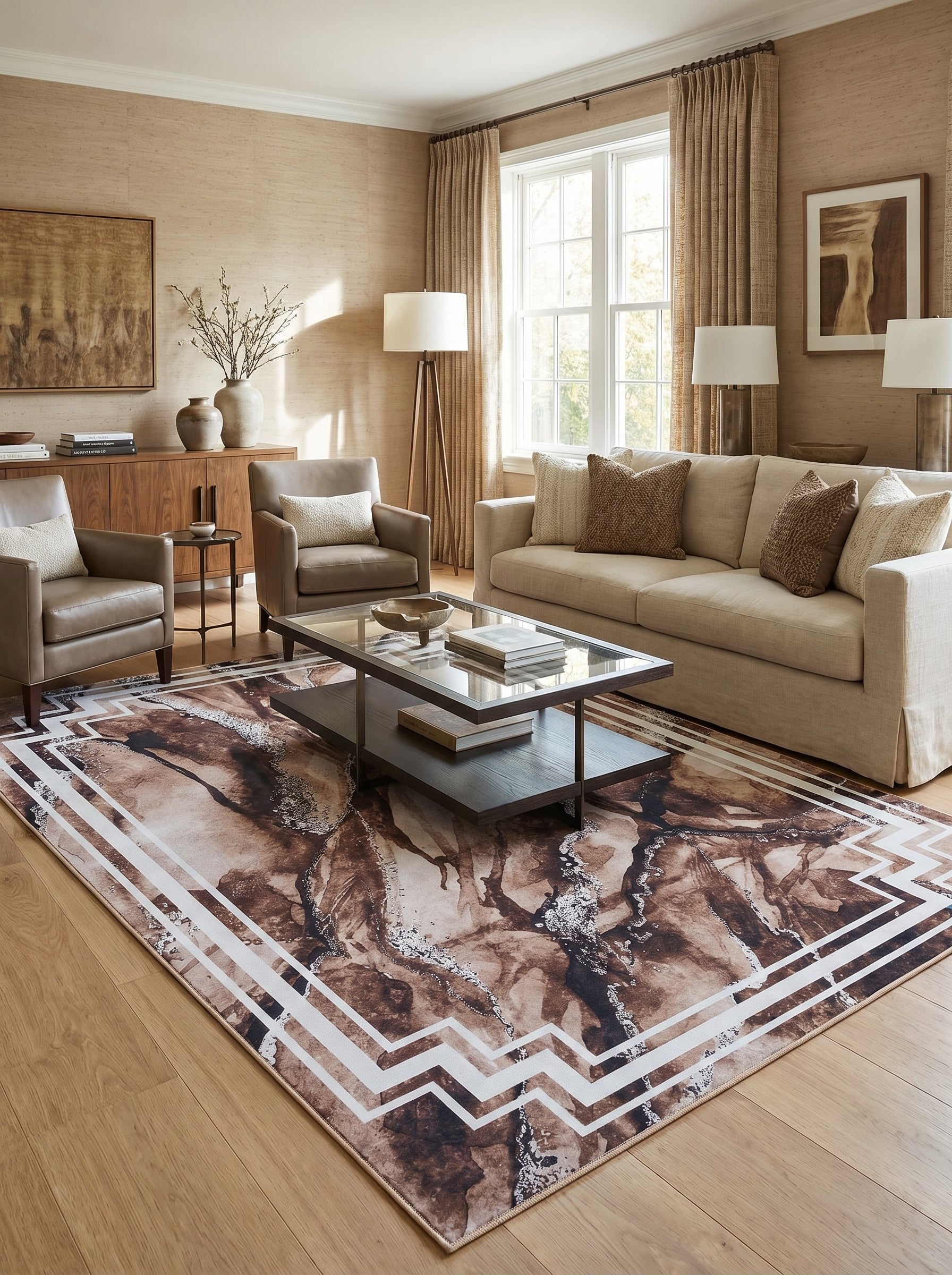 Tapis rectangulaire aux motifs abstraits marbrés marron, blanc et beige, avec une bordure géométrique chevron, posé dans un salon chaleureux