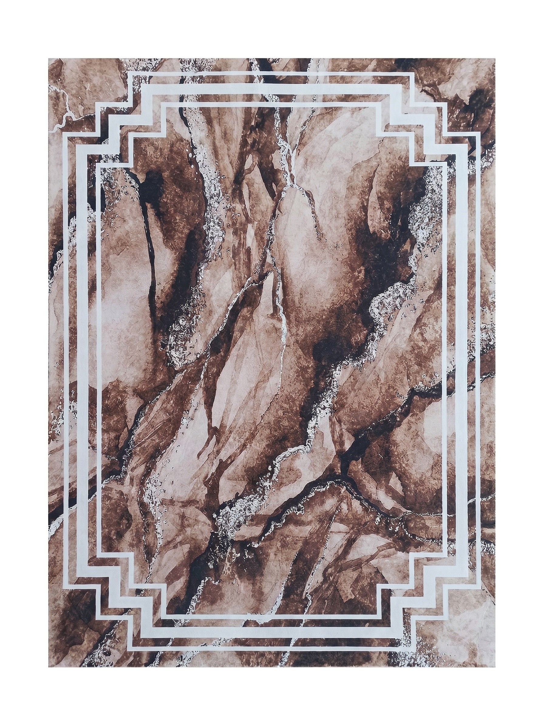 Tapis aux nuances de marron avec un motif abstrait marbré, des éclats clairs et une bordure géométrique blanche