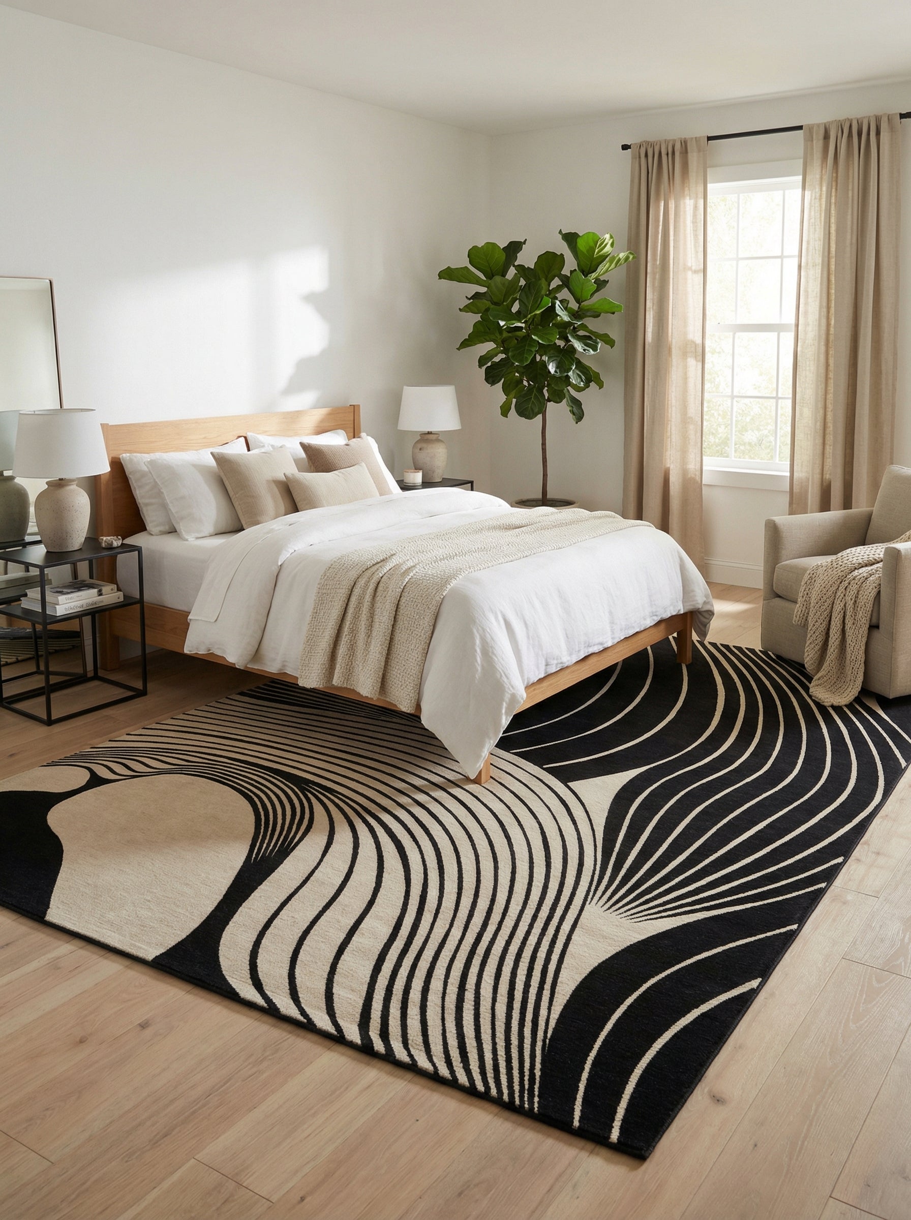 Tapis rectangulaire noir et beige. Douceur et confort pour une ambiance reposante dans la chambre