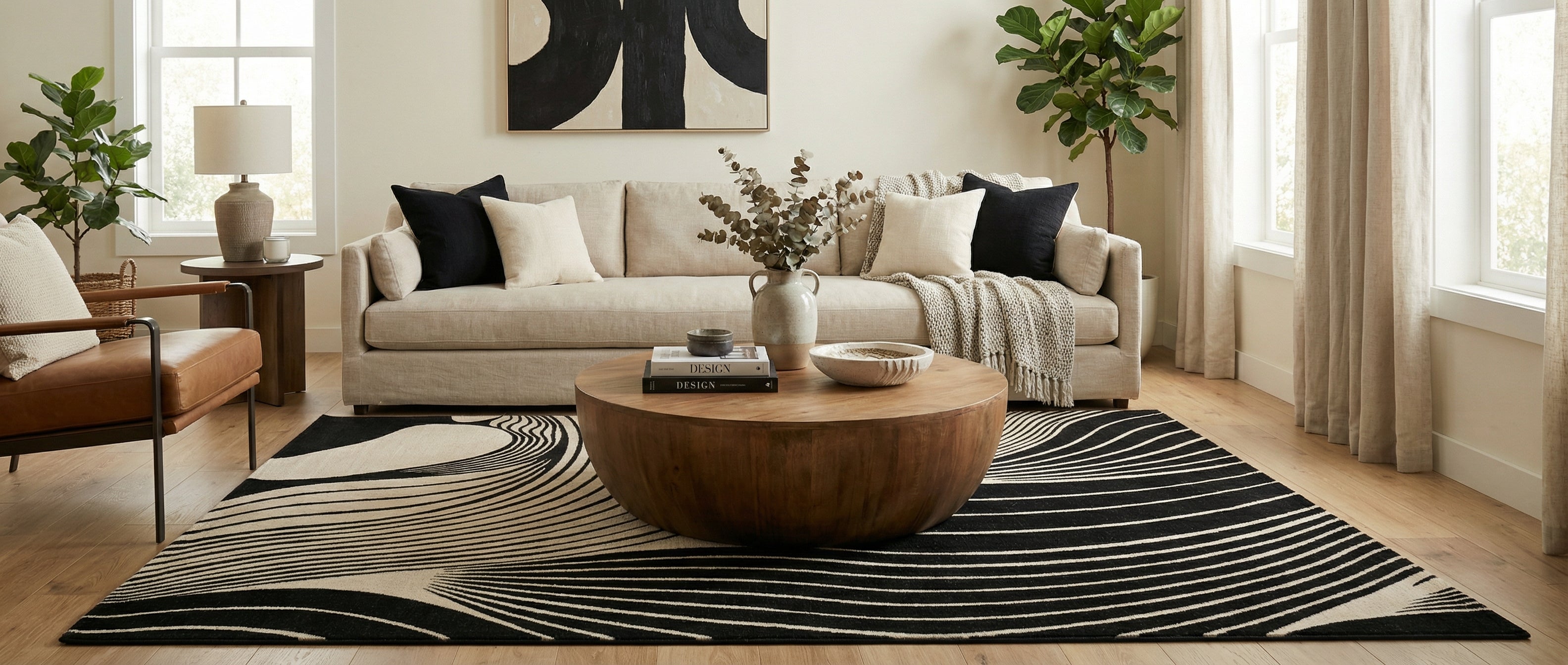 Tapis noir et beige rectangulaire transforme la pièce. Harmonie créée par les couleurs et le style épuré