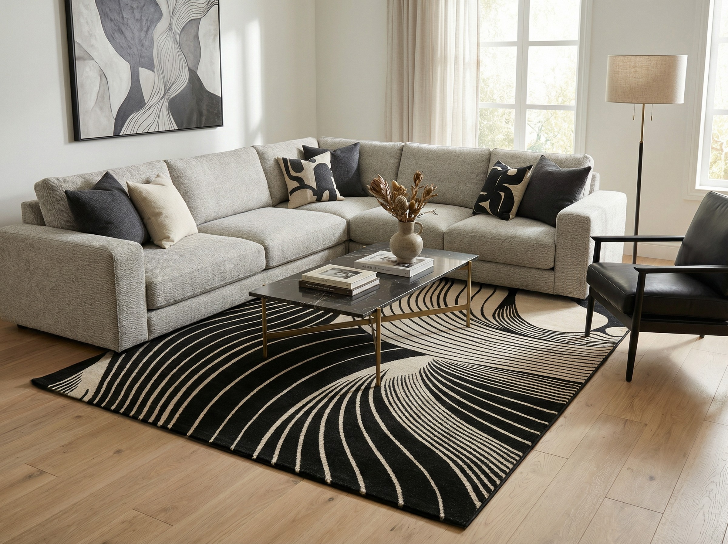 Tapis rectangulaire noir et beige dans un salon moderne, ambiance épurée, style déco contemporain