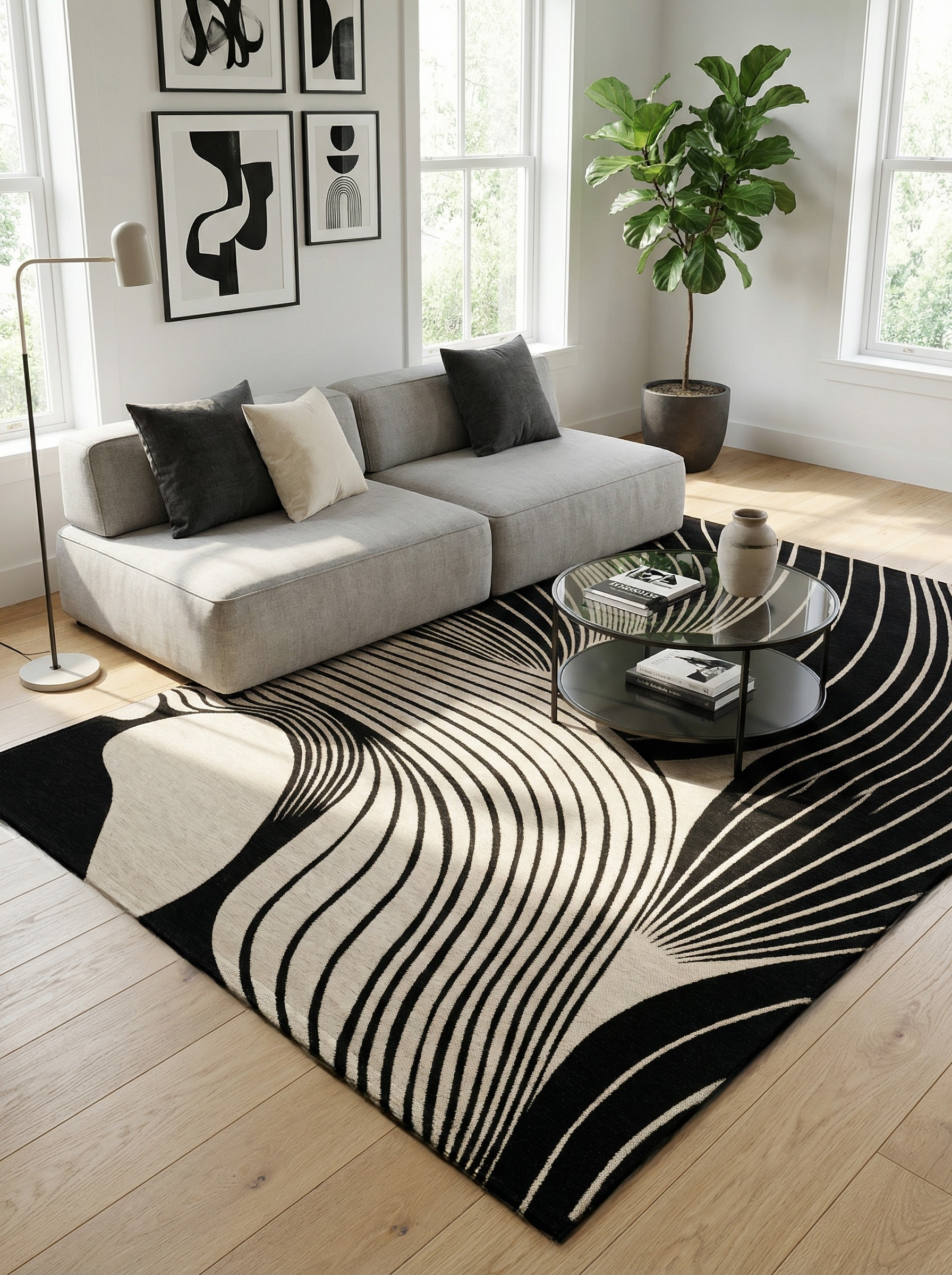 Tapis rectangulaire beige et noir. Crée une ambiance graphique. Harmonieux avec le décor épuré de la pièce