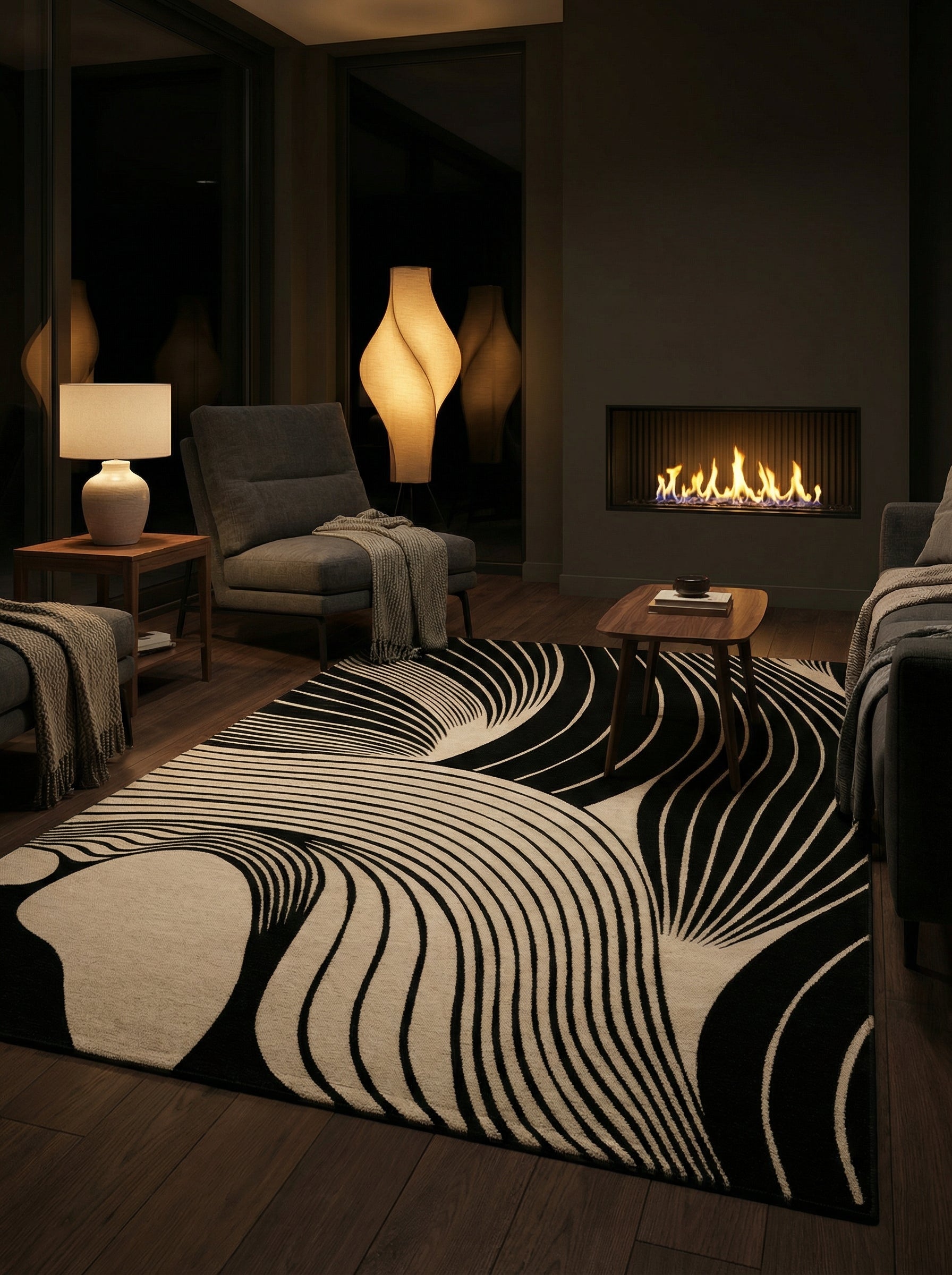 Tapis rectangulaire beige et noir, éclairage doux dans une pièce sombre, ambiance chaleureuse