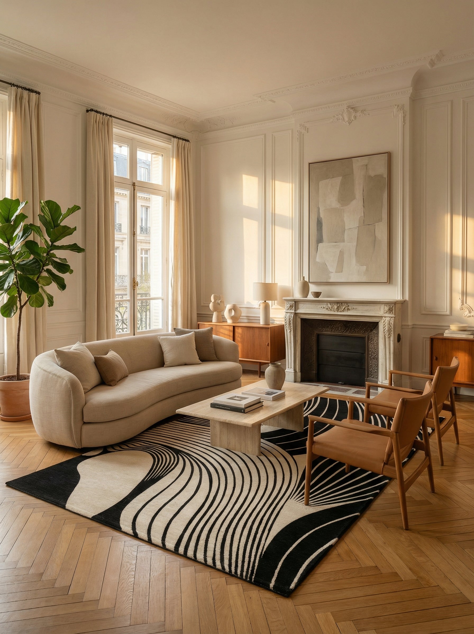 Tapis rectangulaire noir et beige, ambiance soirée élégante et conviviale, dans un salon