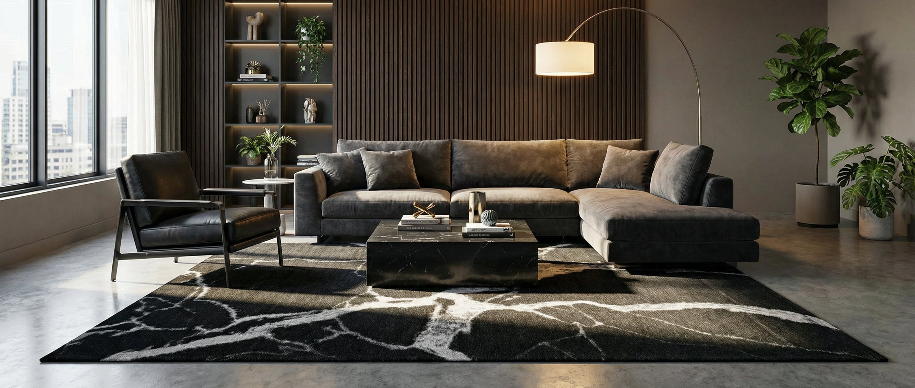 Transformation de la pièce par le tapis noir et blanc rectangulaire. Harmonie créée par les couleurs et l'ambiance