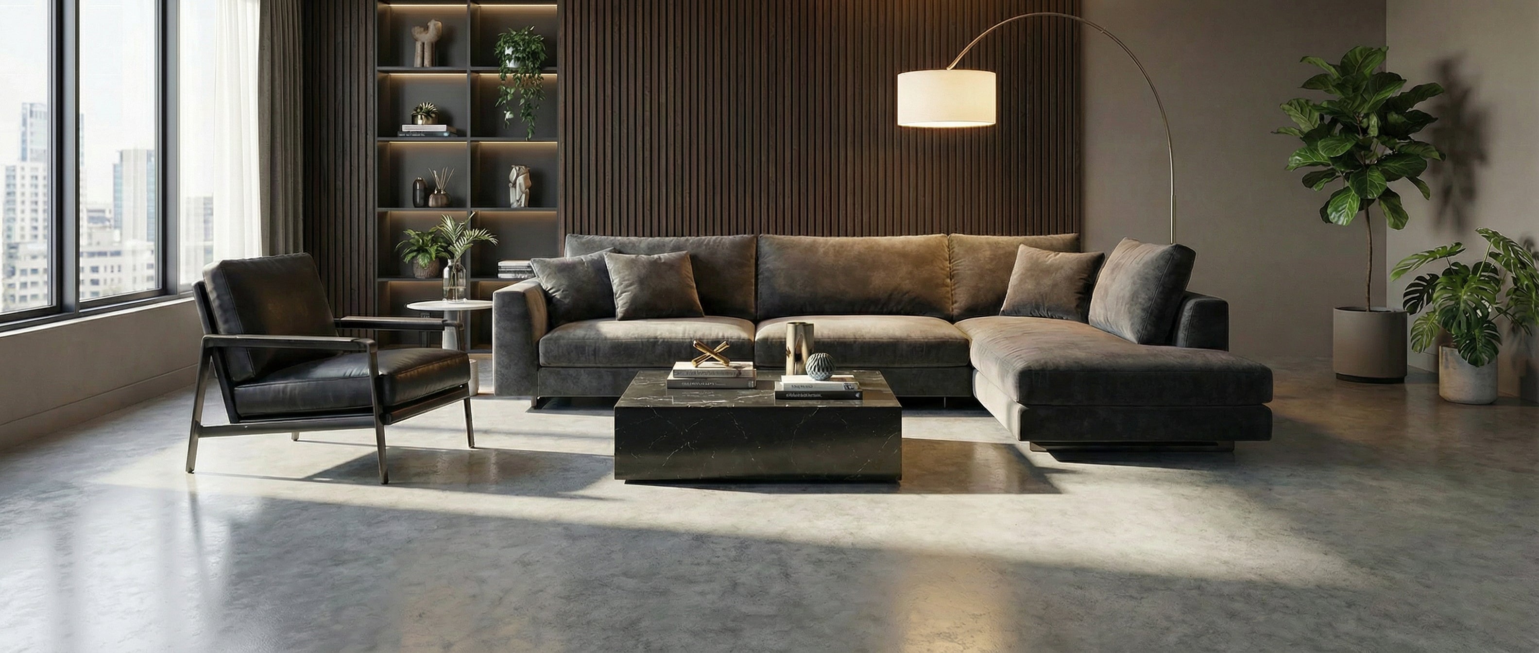 Pièce vide, sol gris, canapé sombre, mur sombre, étagères, fauteuil noir, plantes, lumière, ambiance moderne