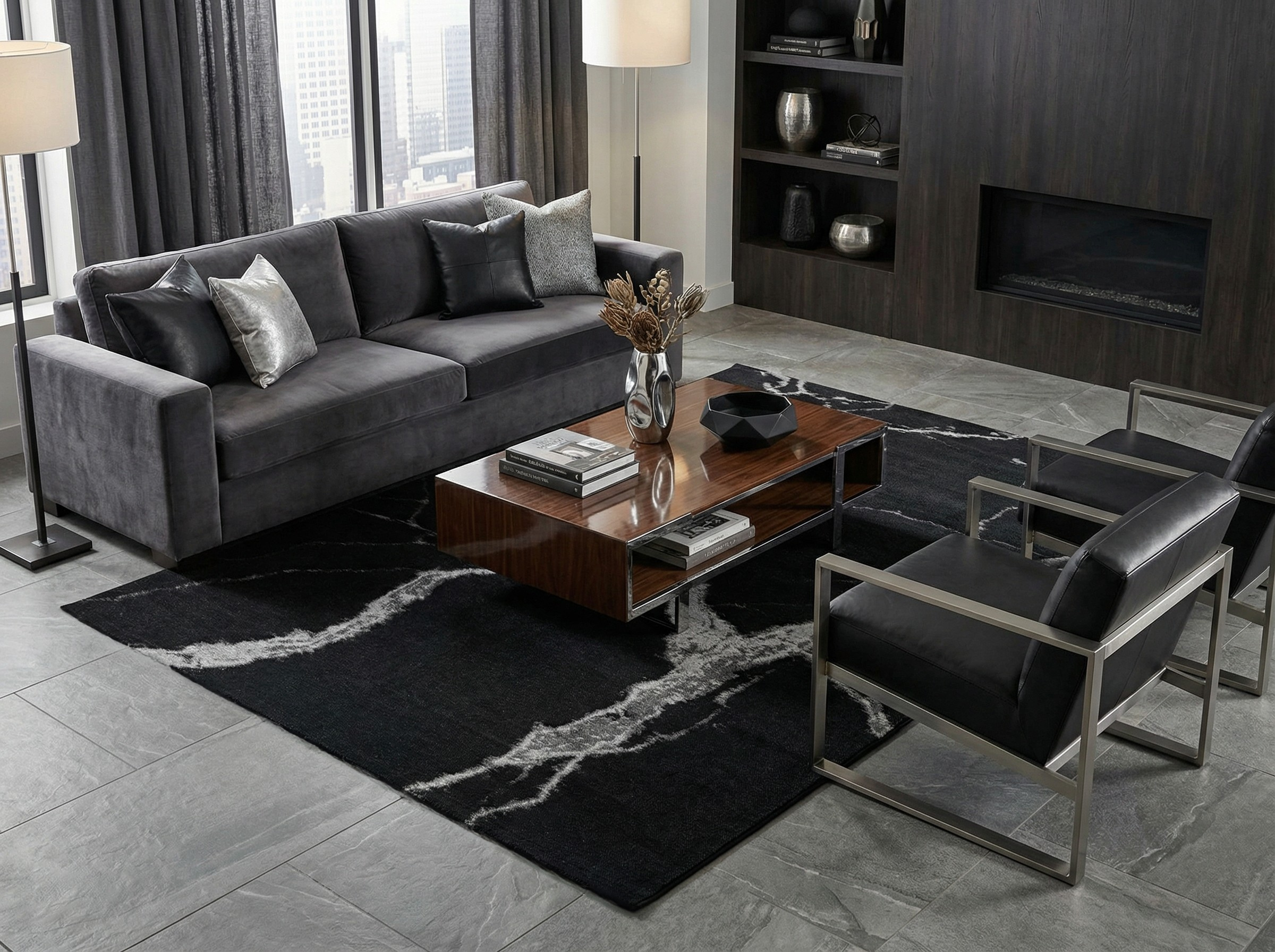 Tapis rectangulaire noir et blanc dans un salon moderne. Ambiance chic, élégante