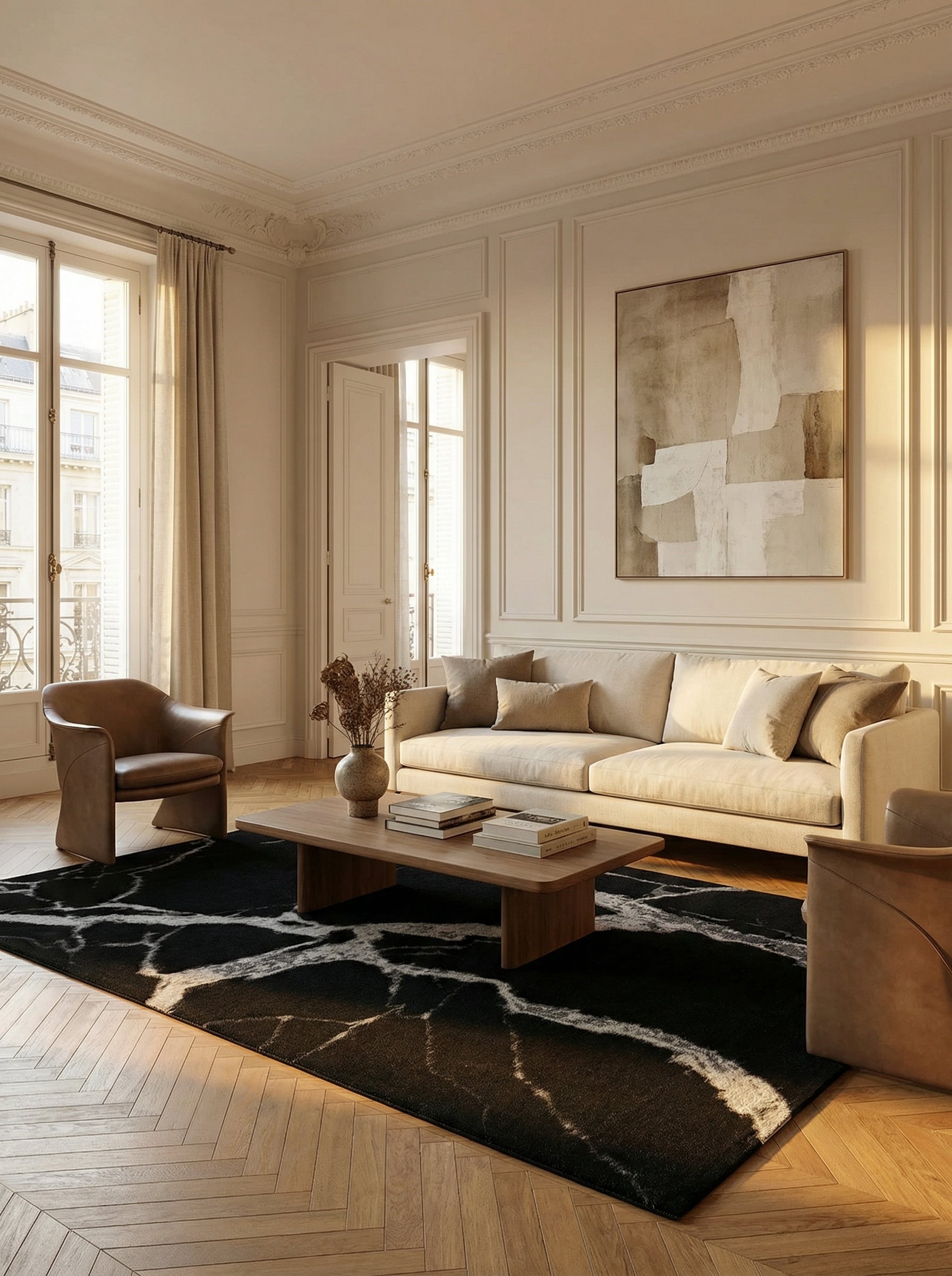 Tapis rectangulaire noir et blanc, ambiance élégante et conviviale dans un salon