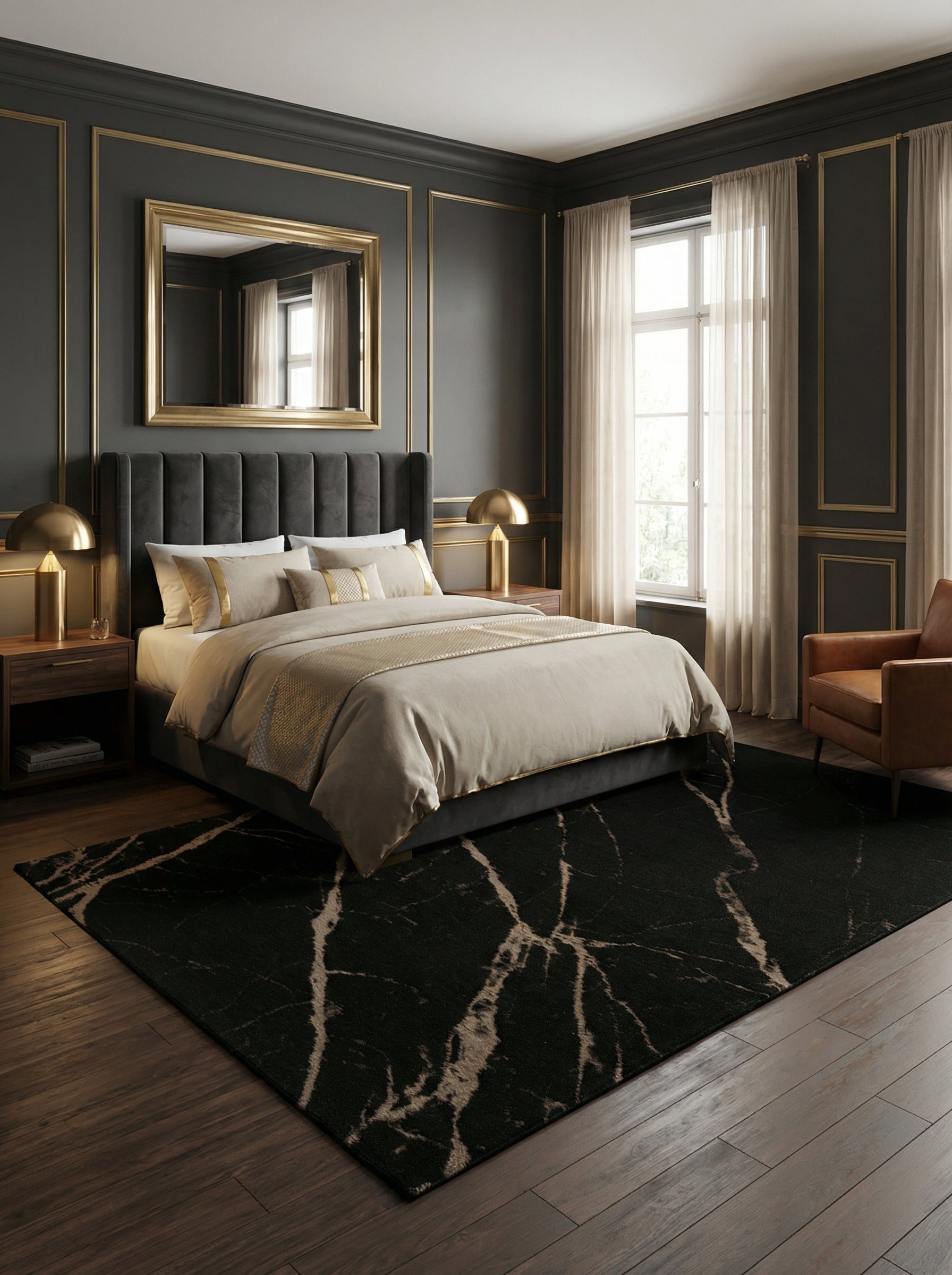 Tapis rectangulaire noir et ambre. Douceur et confort pour une ambiance reposante dans la chambre