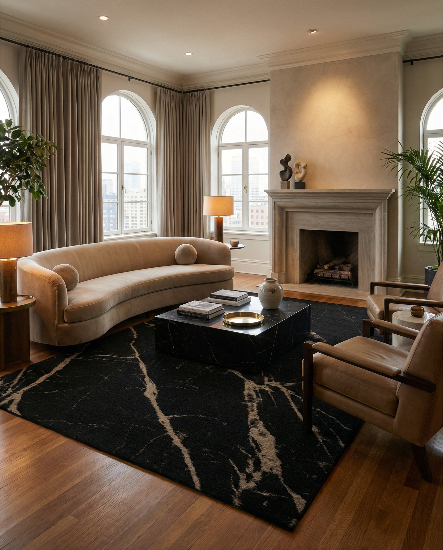 Tapis rectangulaire noir et beige dans une pièce chaleureuse. Il définit l'espace et ajoute une touche d'élégance