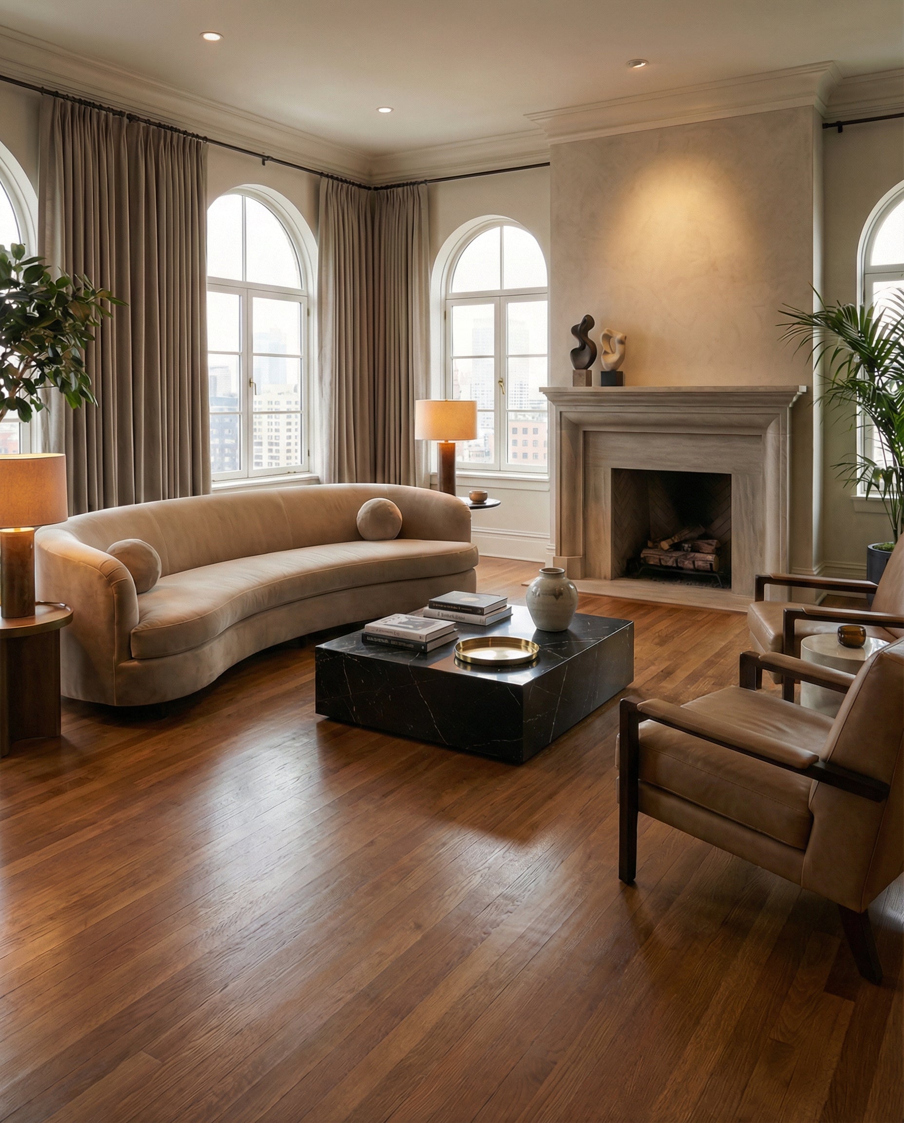 Pièce lumineuse avec parquet, canapé incurvé, fauteuils et table basse rectangulaire noire. Ambiance chaleureuse