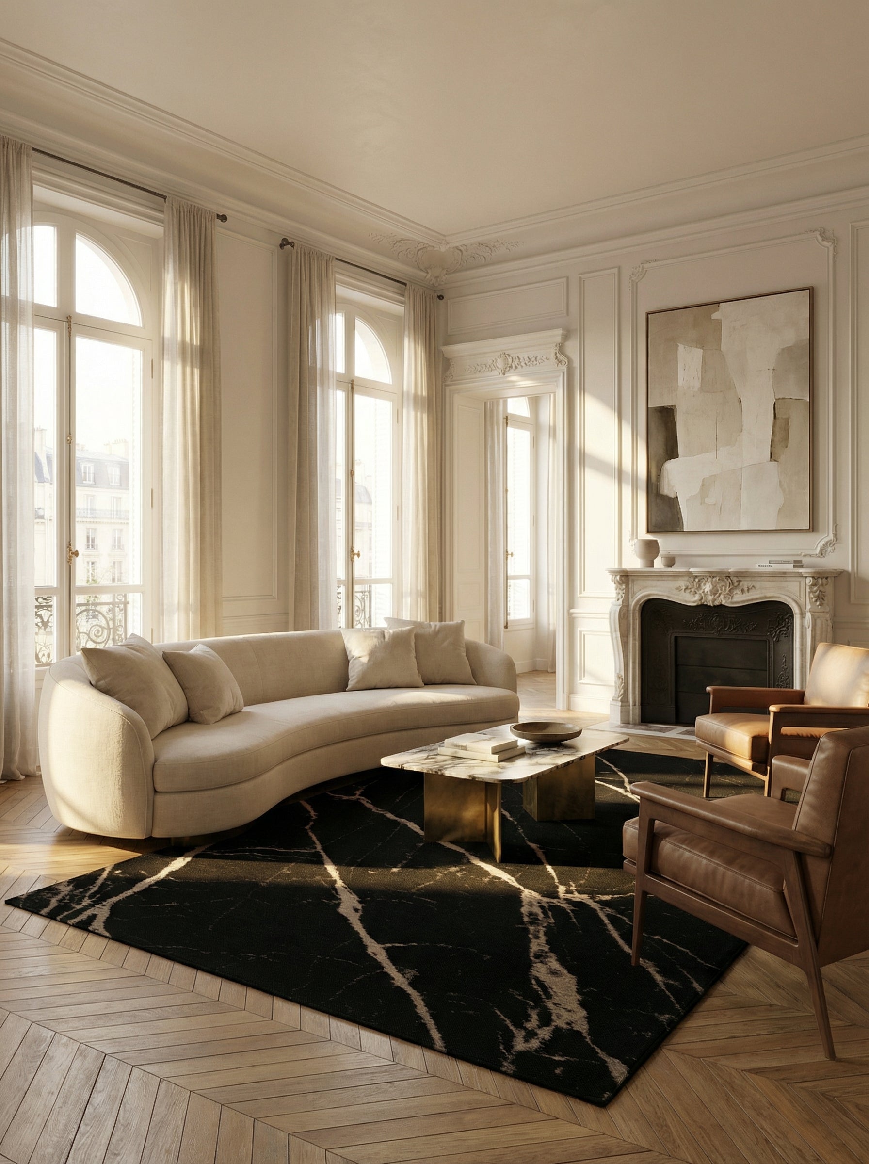 Tapis noir veiné de blanc, ambiance élégante et conviviale pour une soirée. Rectangulaire