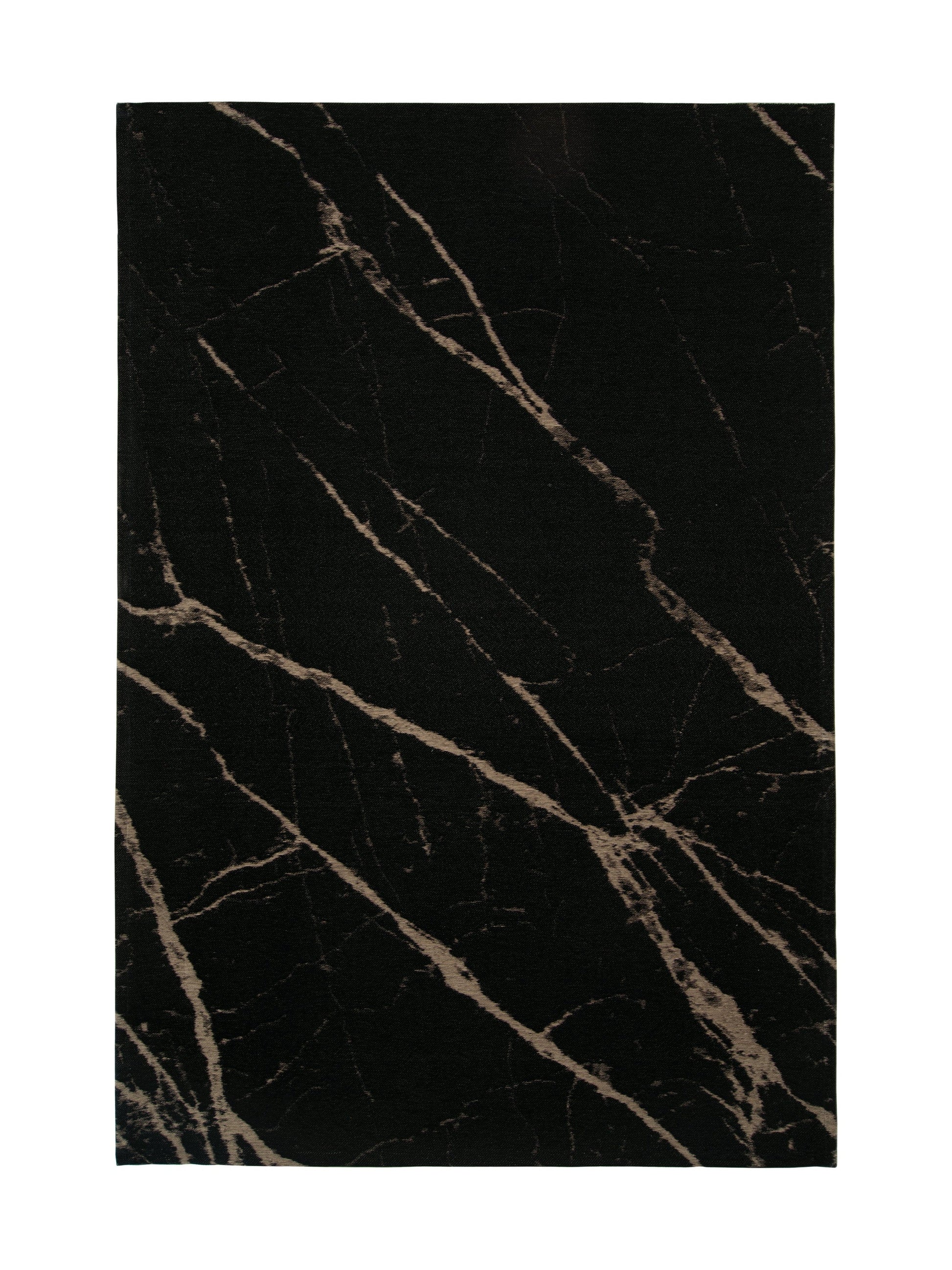 Tapis rectangulaire noir avec motif marbré beige, style moderne et élégant
