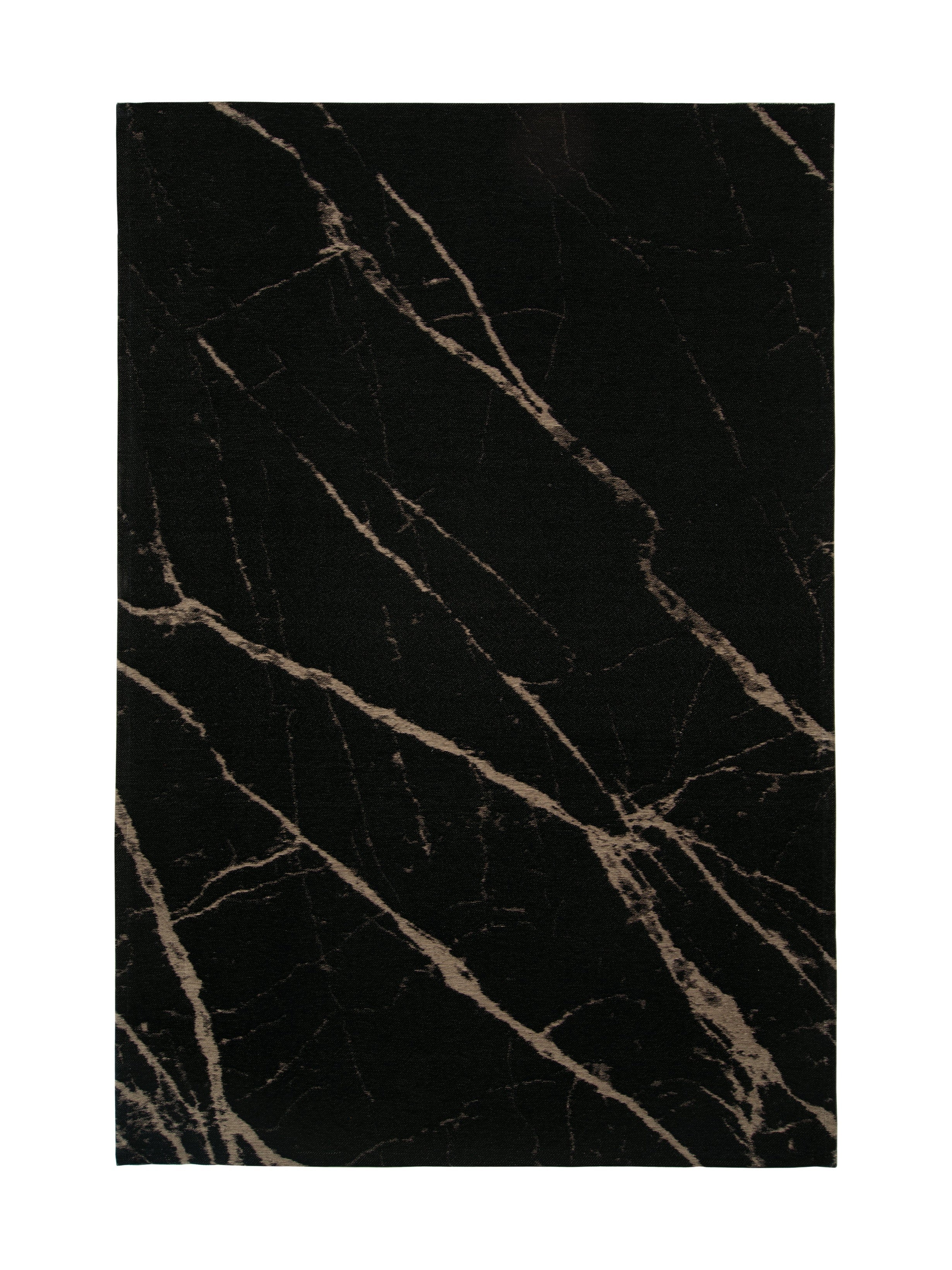 Tapis rectangulaire noir avec motif marbré beige, style moderne et élégant