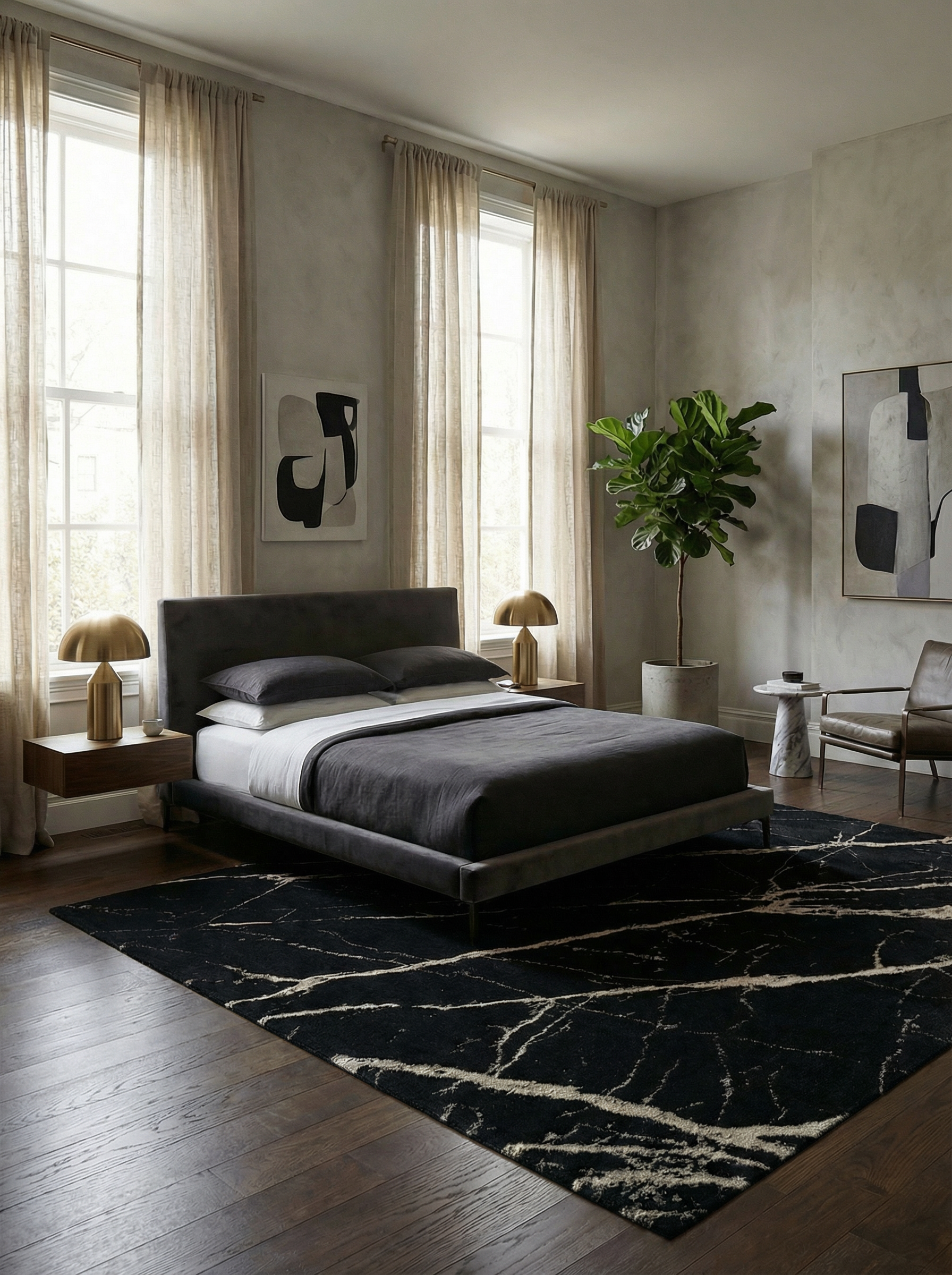 Tapis rectangulaire noir et ambre. Douceur et confort pour une ambiance reposante dans la chambre