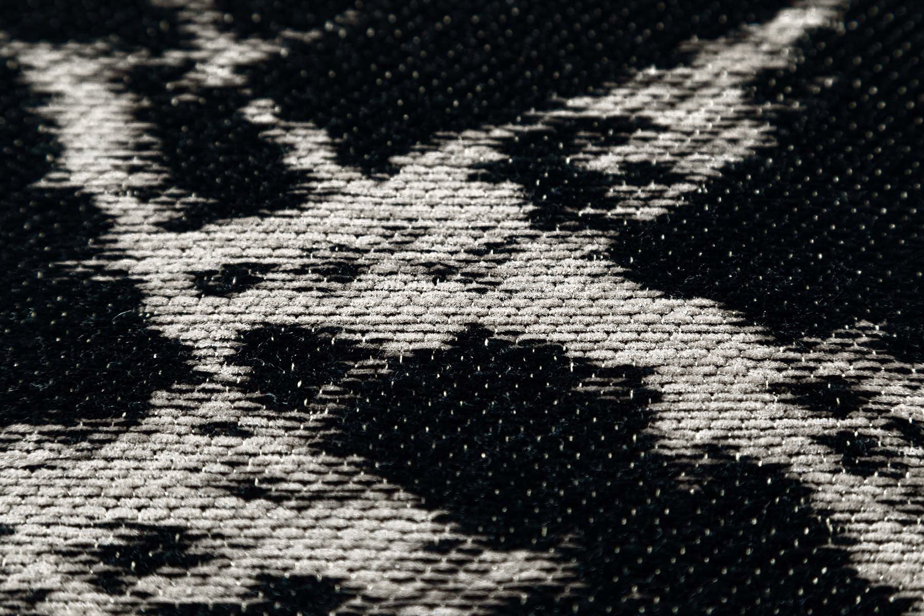 Gros plan sur la texture d'un tapis moderne noir, révélant des fibres tissées et un motif abstrait.