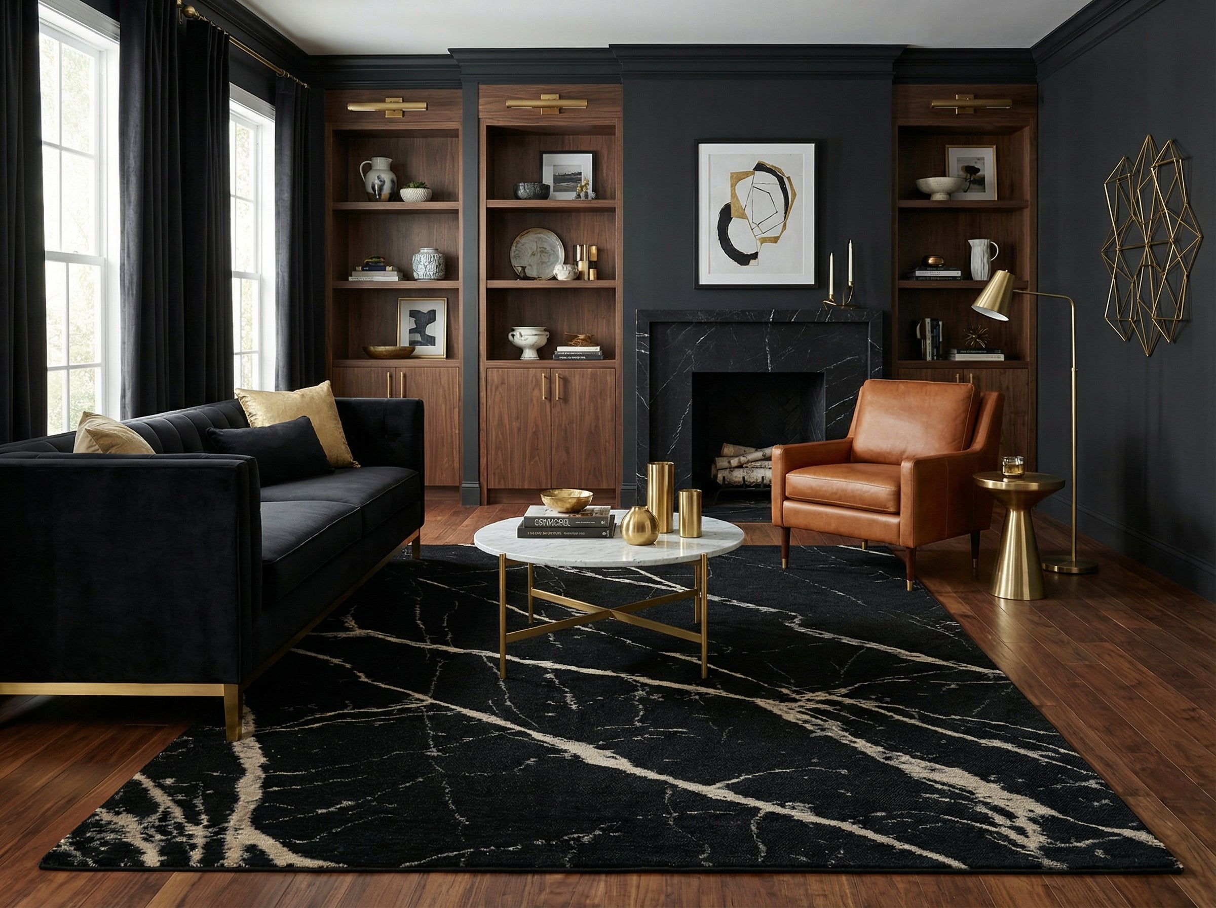 Tapis rectangulaire noir et beige, style déco luxueux, ambiance chaleureuse dans le salon