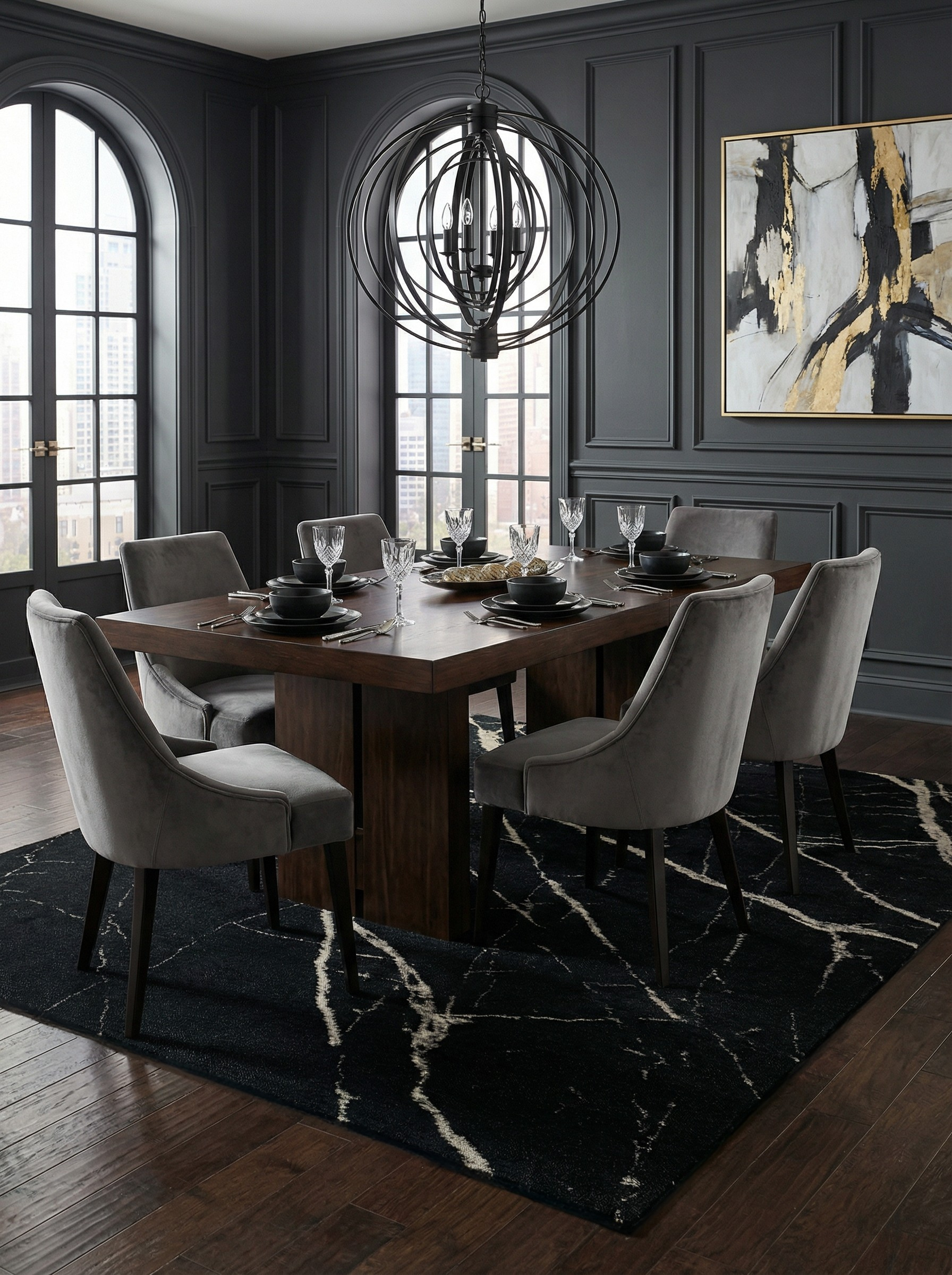 Tapis noir rectangulaire sous la table à manger, définissant l'espace repas. Ambiance conviviale