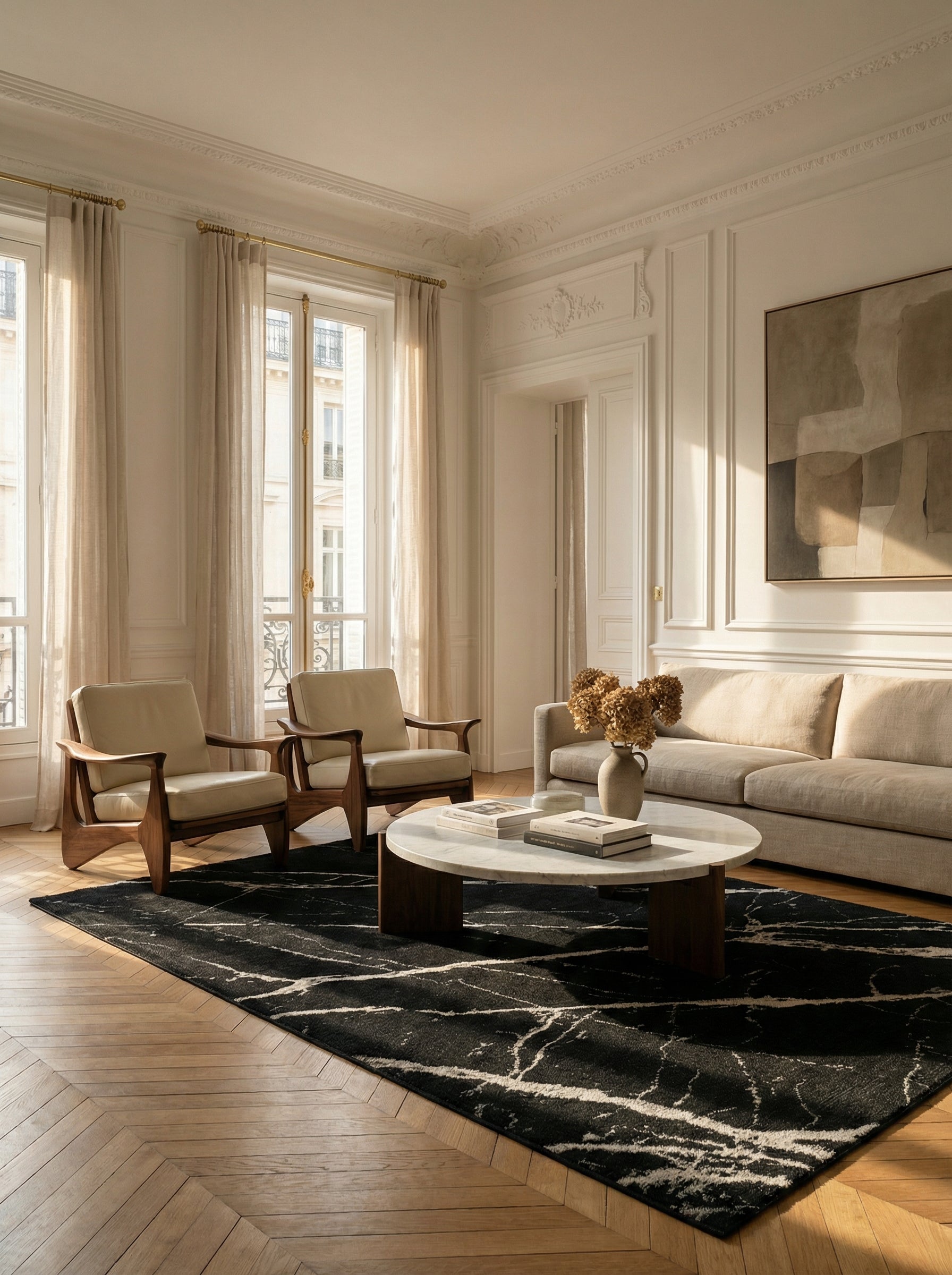 Tapis noir veiné de blanc, ambiance élégante et conviviale pour une soirée. Rectangulaire