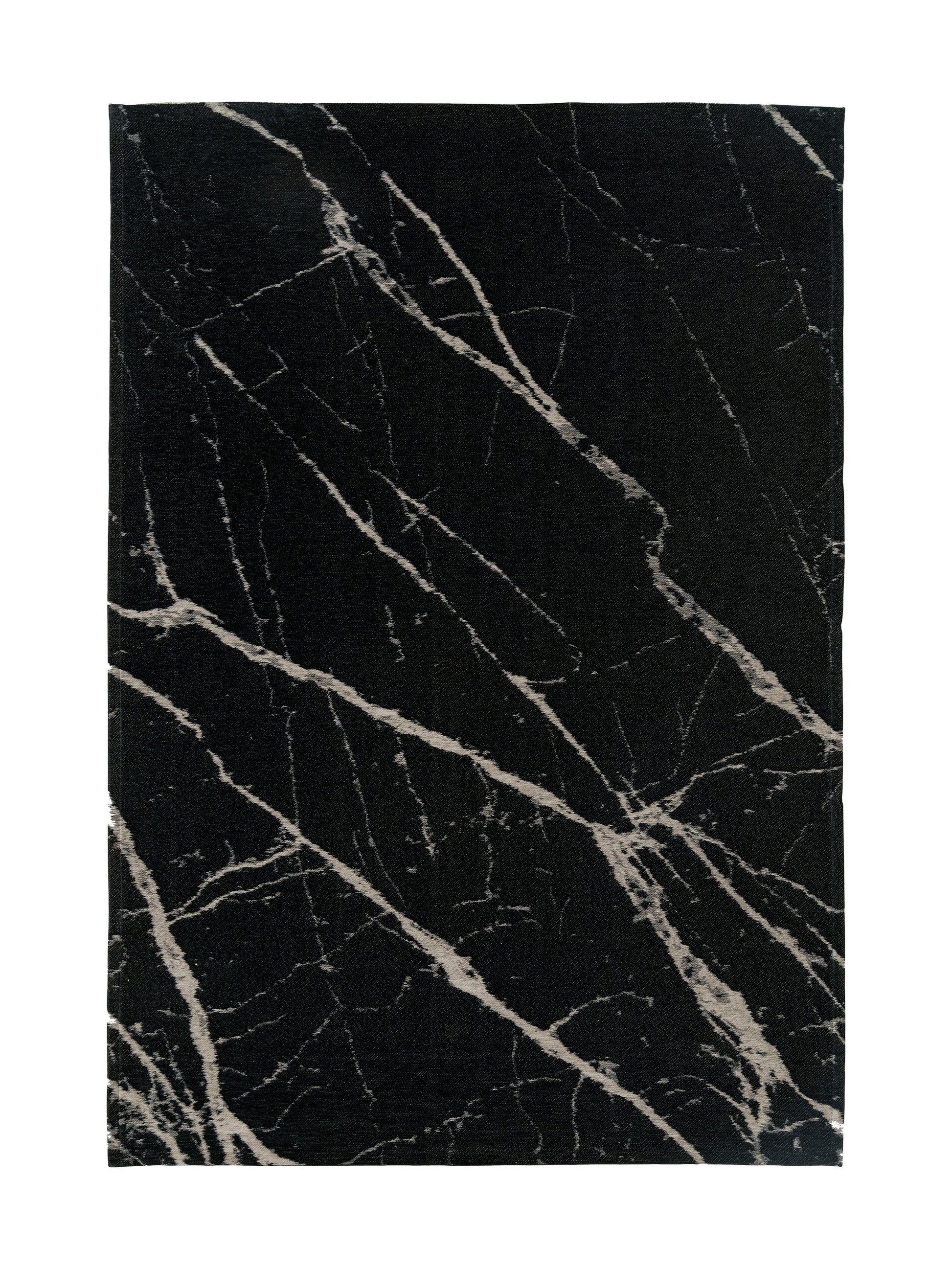 Tapis rectangulaire noir avec motif marbré beige, style moderne et élégant