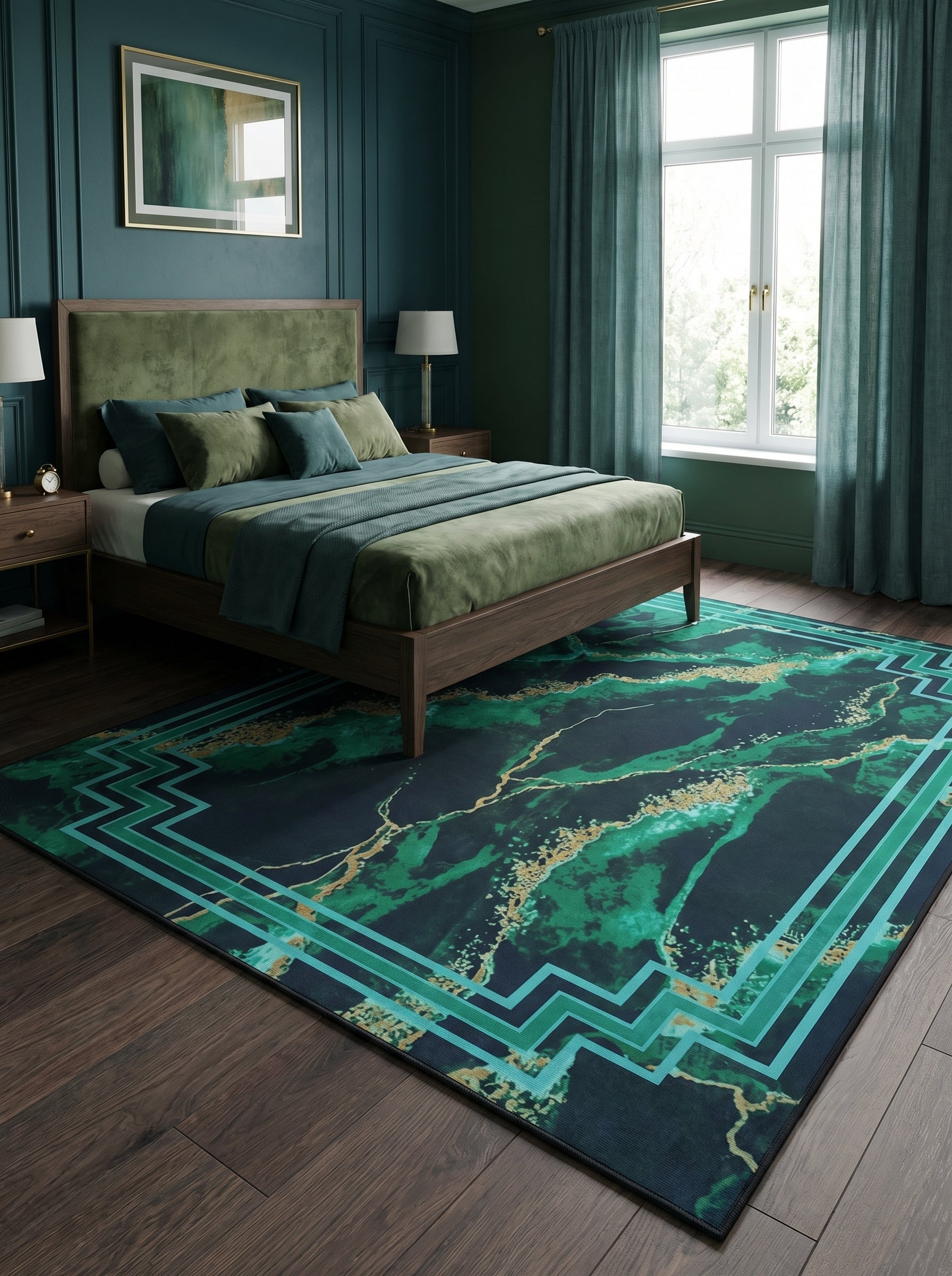 Tapis rectangulaire aux motifs marbrés bleu marine, verts et or, avec une bordure géométrique bleu turquoise dans une chambre élégante
