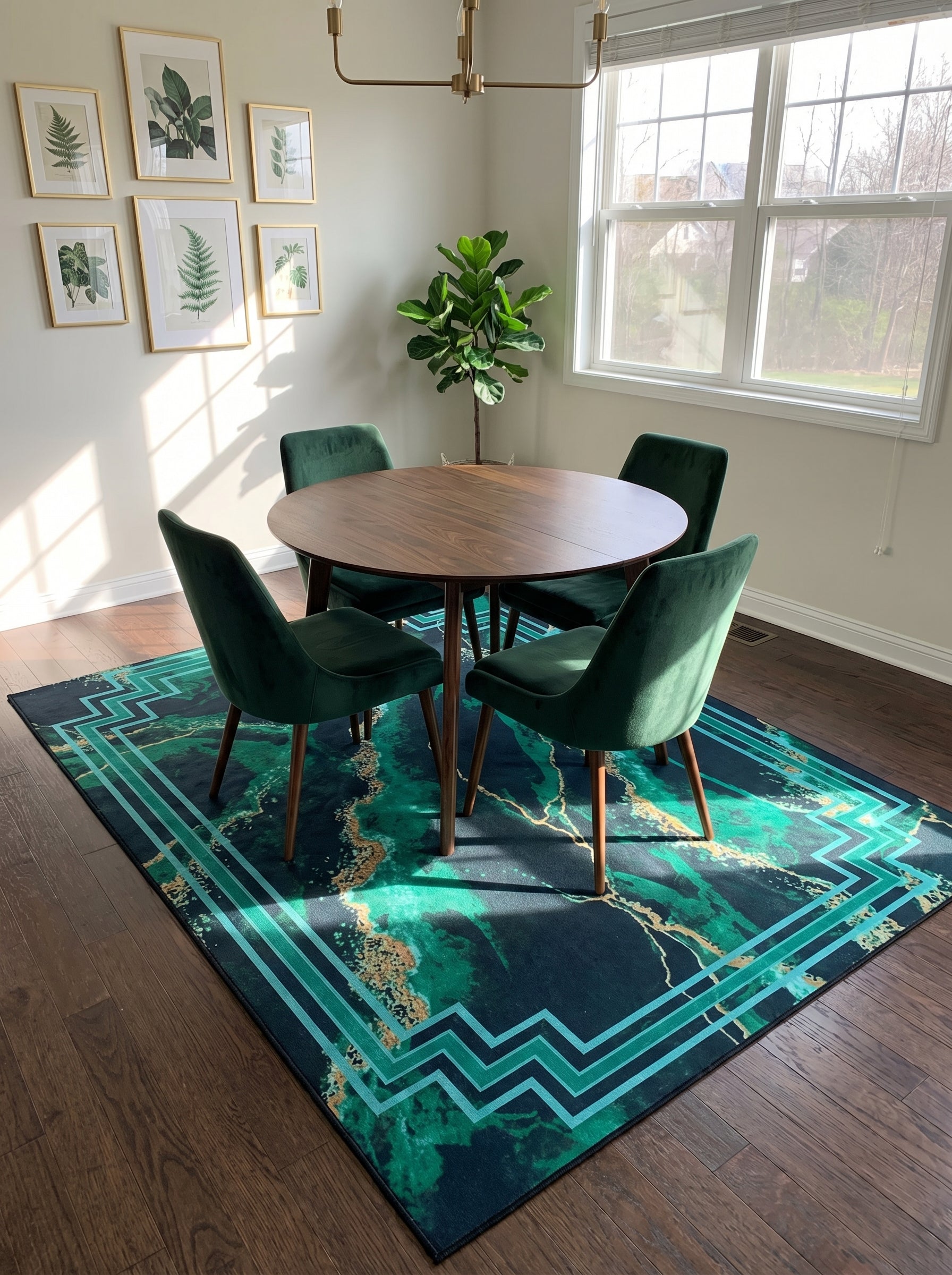 Tapis rectangulaire bleu marine à motifs abstraits vert émeraude et dorés, avec une bordure géométrique sarcelle, dans un coin repas