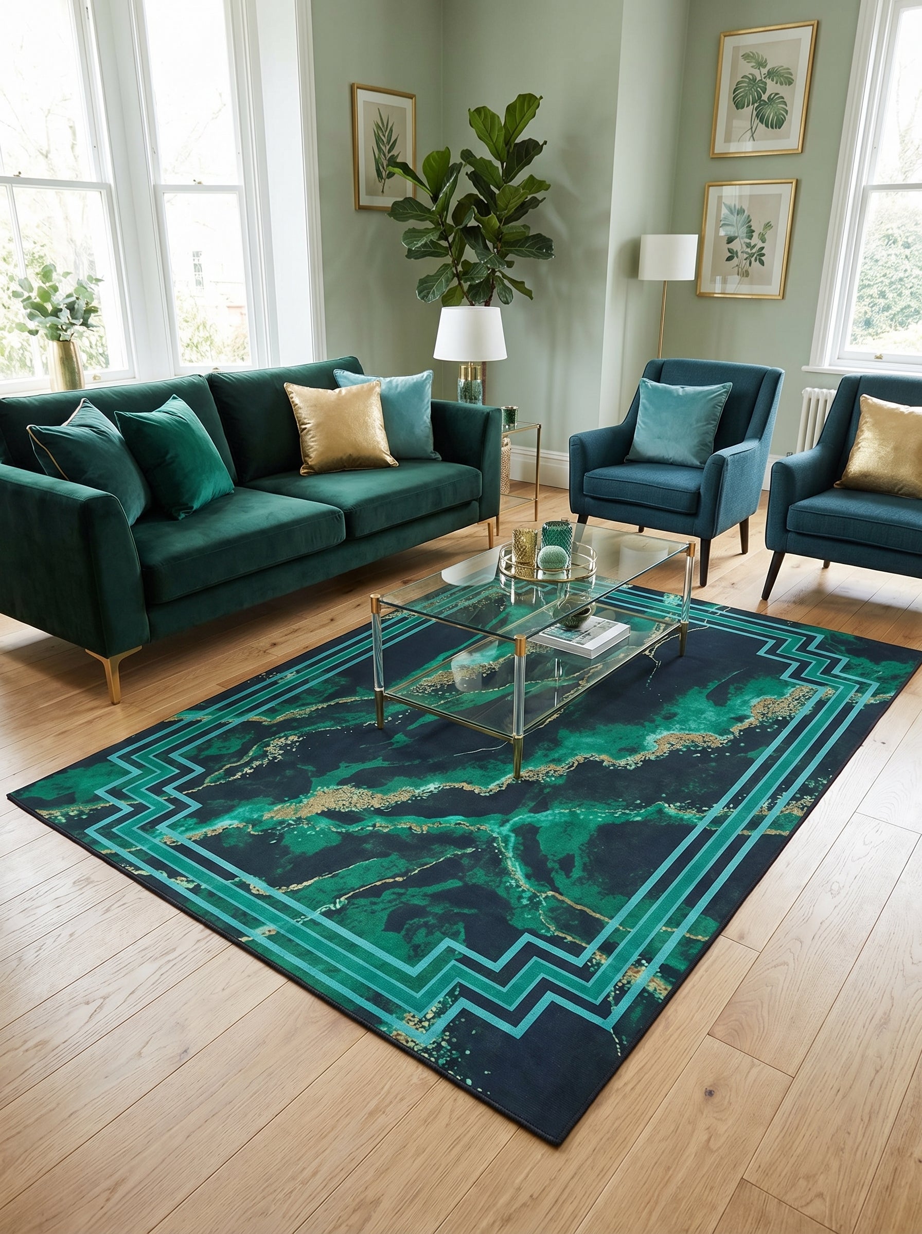 Tapis rectangulaire vert émeraude et noir aux motifs marbrés dorés, avec une bordure géométrique vert turquoise dans un salon