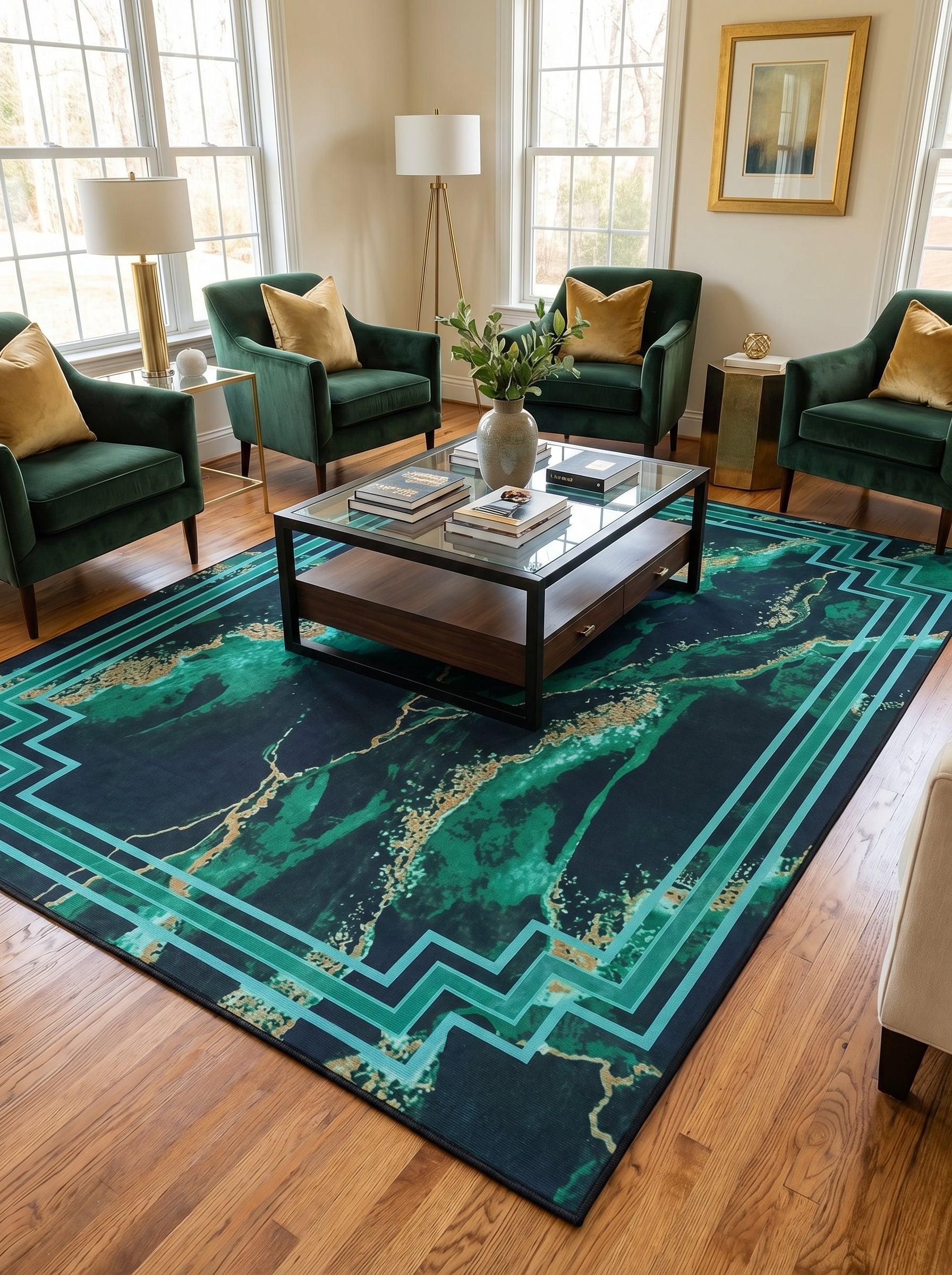 Tapis rectangulaire à motifs abstraits marbrés bleus, verts et dorés avec une bordure géométrique vert clair, posé sur un parquet dans un salon lumineux