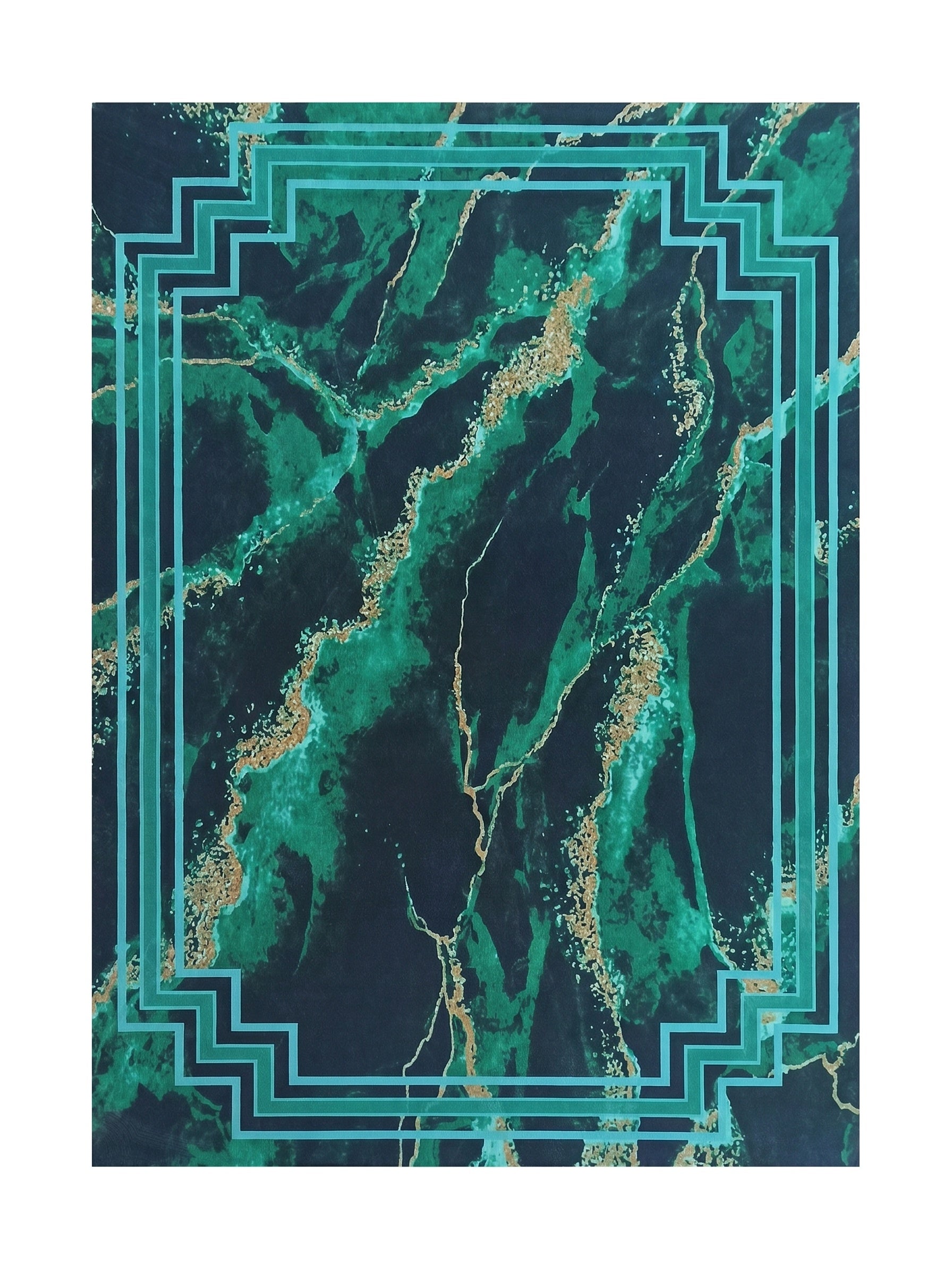 Tapis rectangulaire à motifs marbrés vert foncé, vert émeraude et doré, bordé de lignes géométriques turquoise