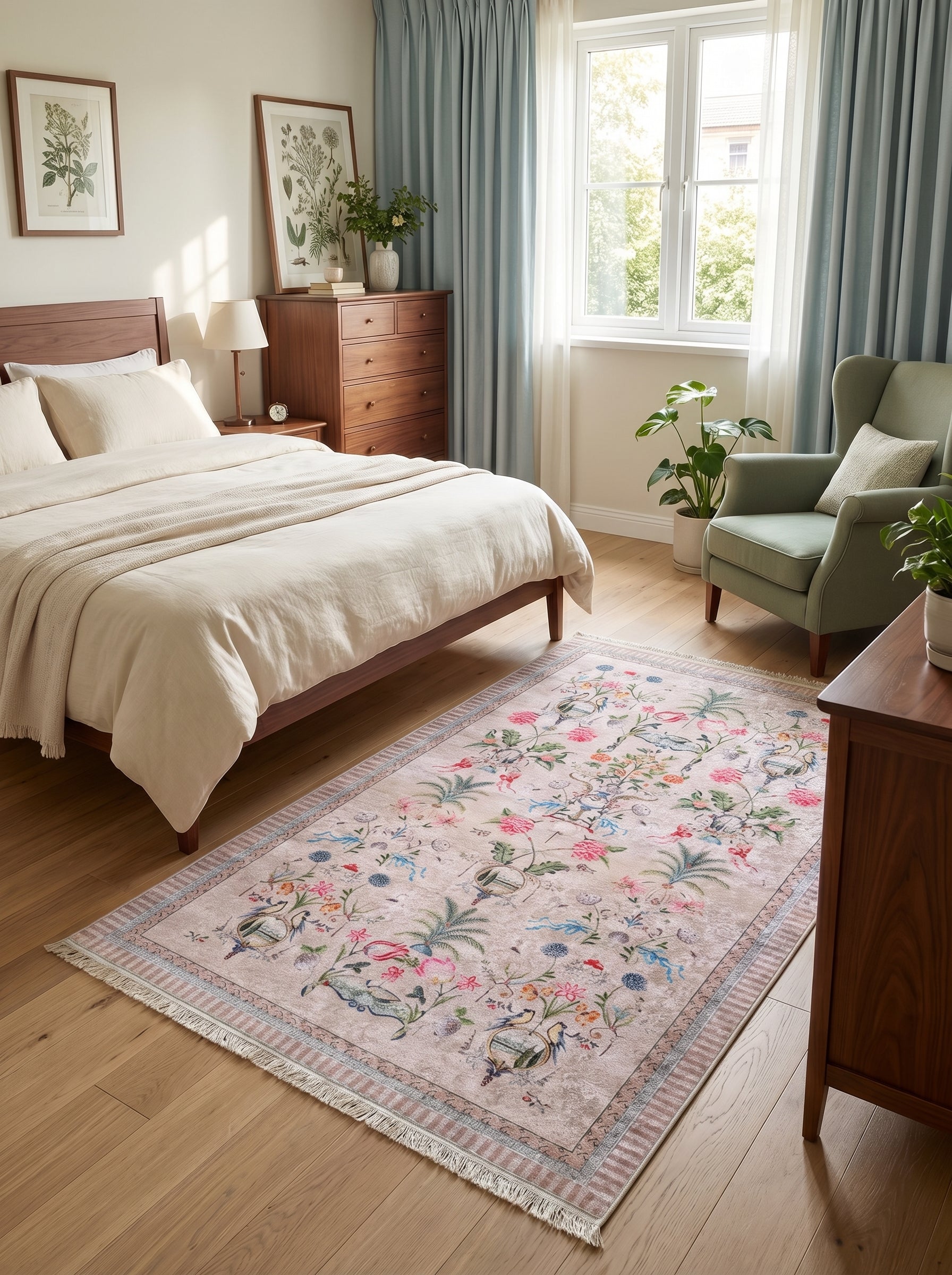Tapis rectangulaire beige-rose à motifs floraux et oiseaux exotiques très colorés, avec franges, au sol d'une chambre