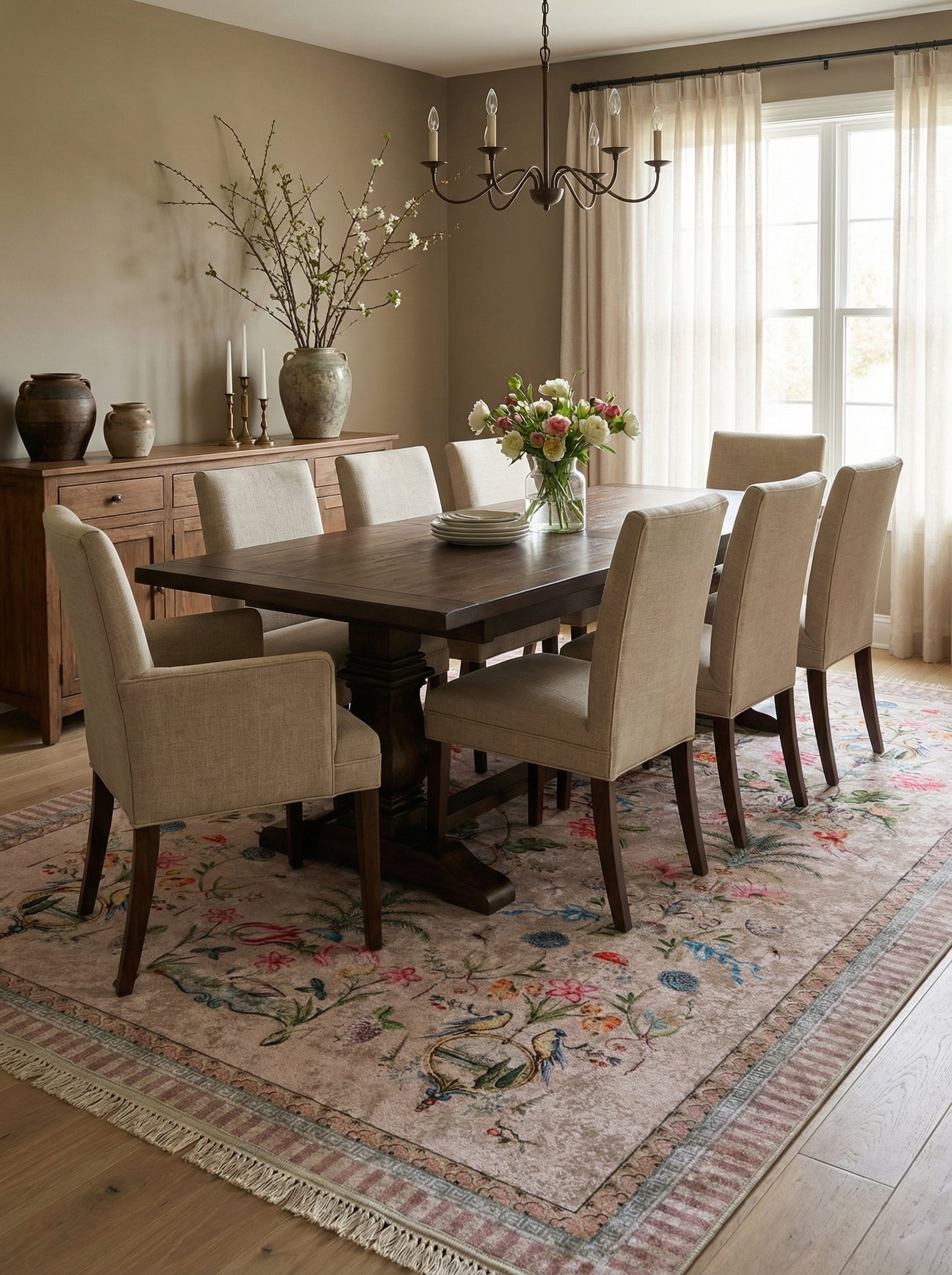 Tapis rectangulaire beige rosé à motifs floraux et d'oiseaux multicolores vifs, bordé de franges, posé dans une salle à manger