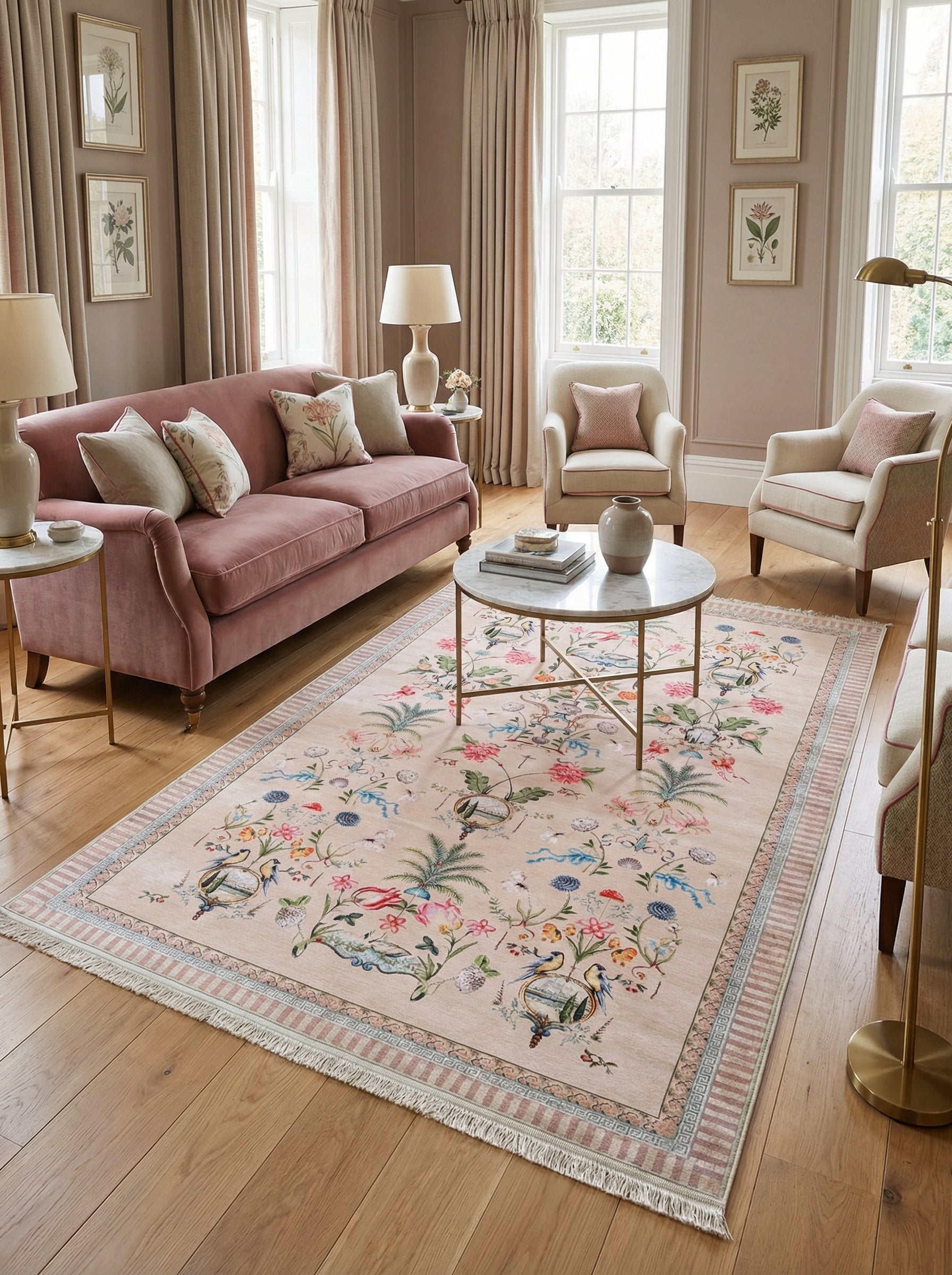 Tapis rectangulaire beige rosé aux motifs de fleurs et oiseaux exotiques vifs, bordure rayée et à franges, dans un salon cosy